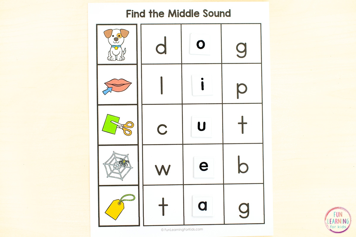 kindergarten middle sounds worksheets