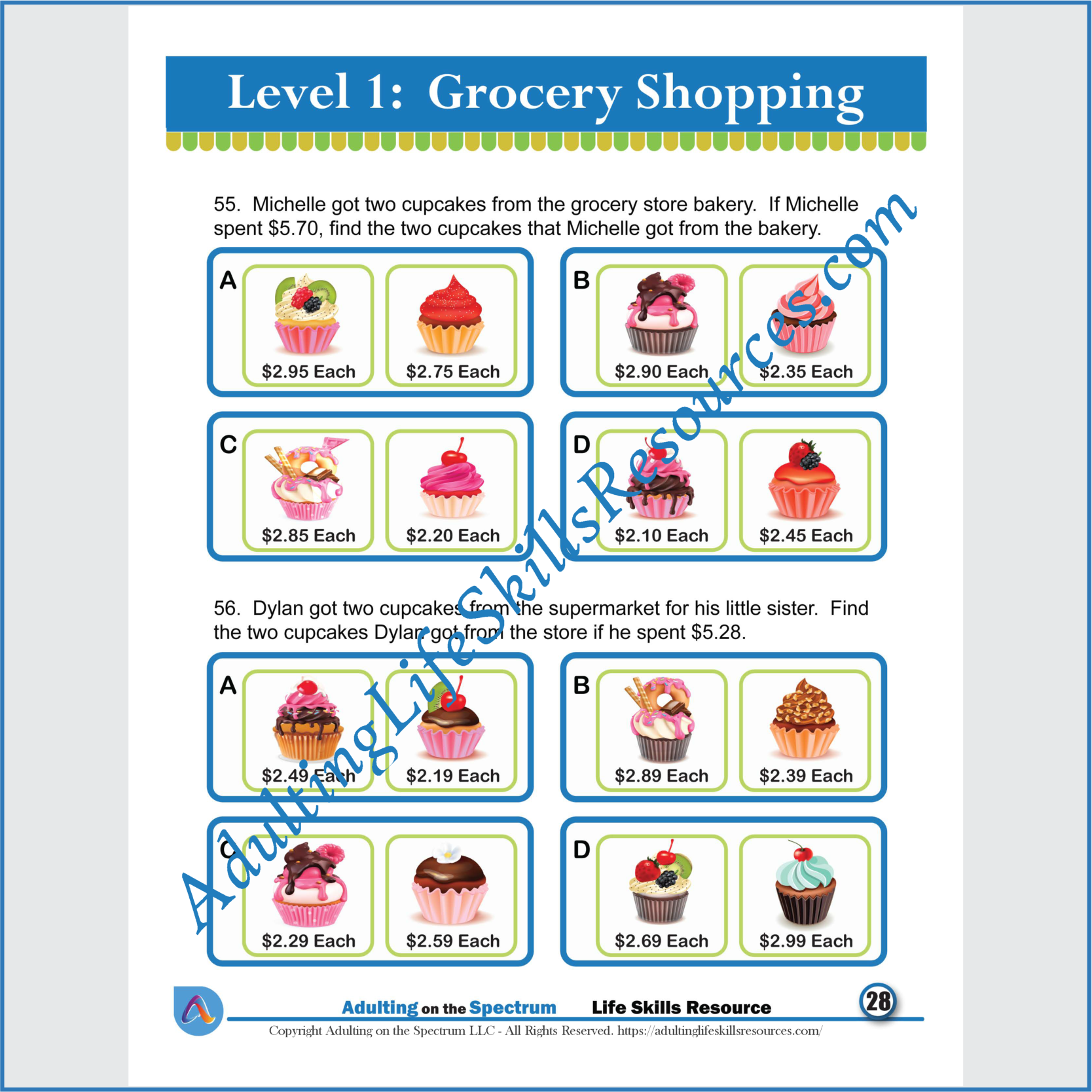 Money Math Life Skills Worksheets Grocery Shopping Level 1 Classful