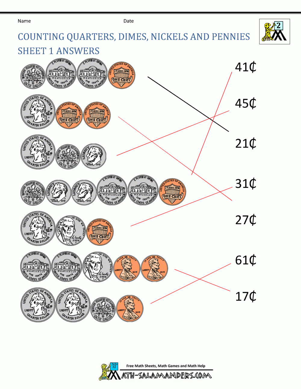 Money Worksheets For 2nd Grade Counting Money Up To 1