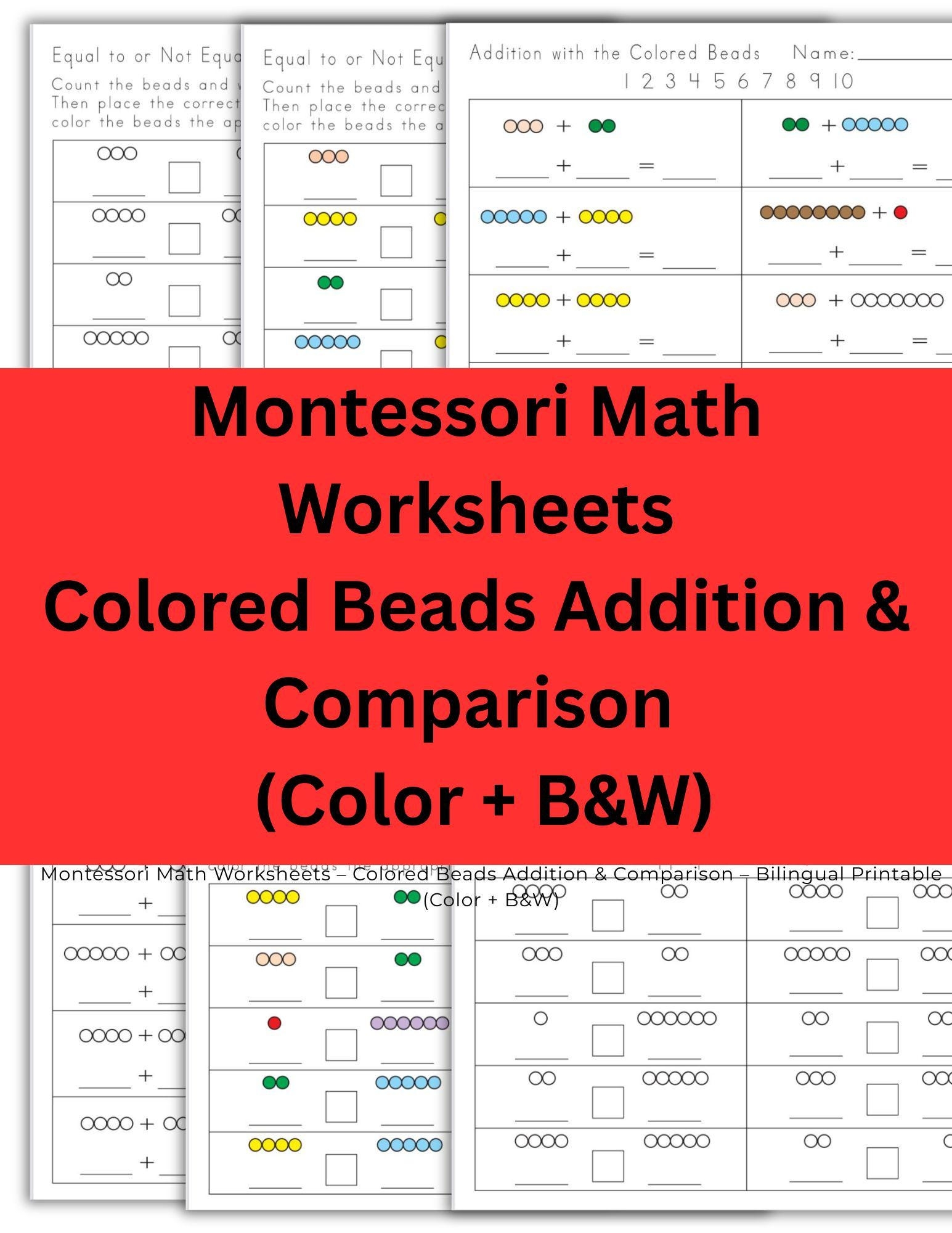 Montessori Math Worksheets Colored Beads Addition And Comparison color B And W Etsy