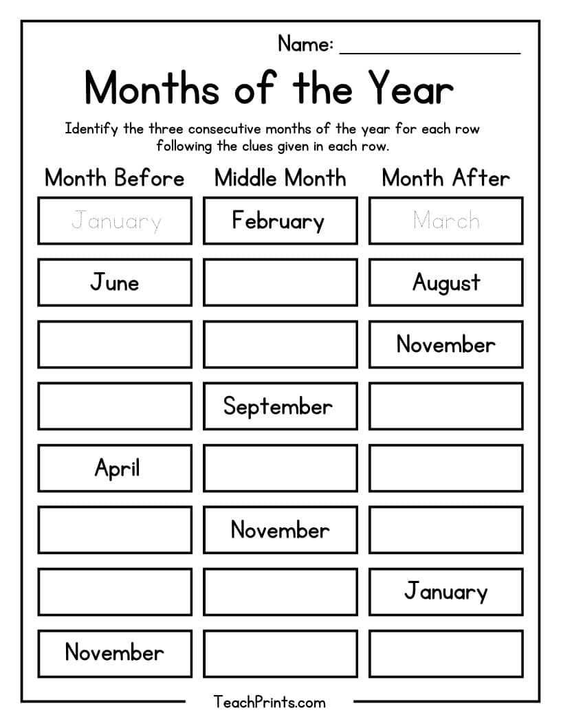 Months Of The Year Worksheets Free PDF Printables Teach Prints