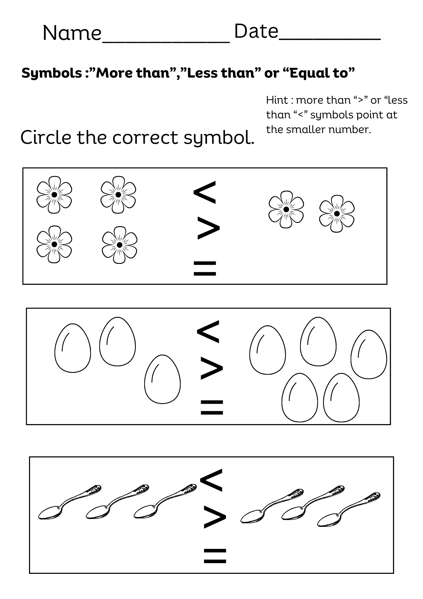kindergarten greater than less than worksheets