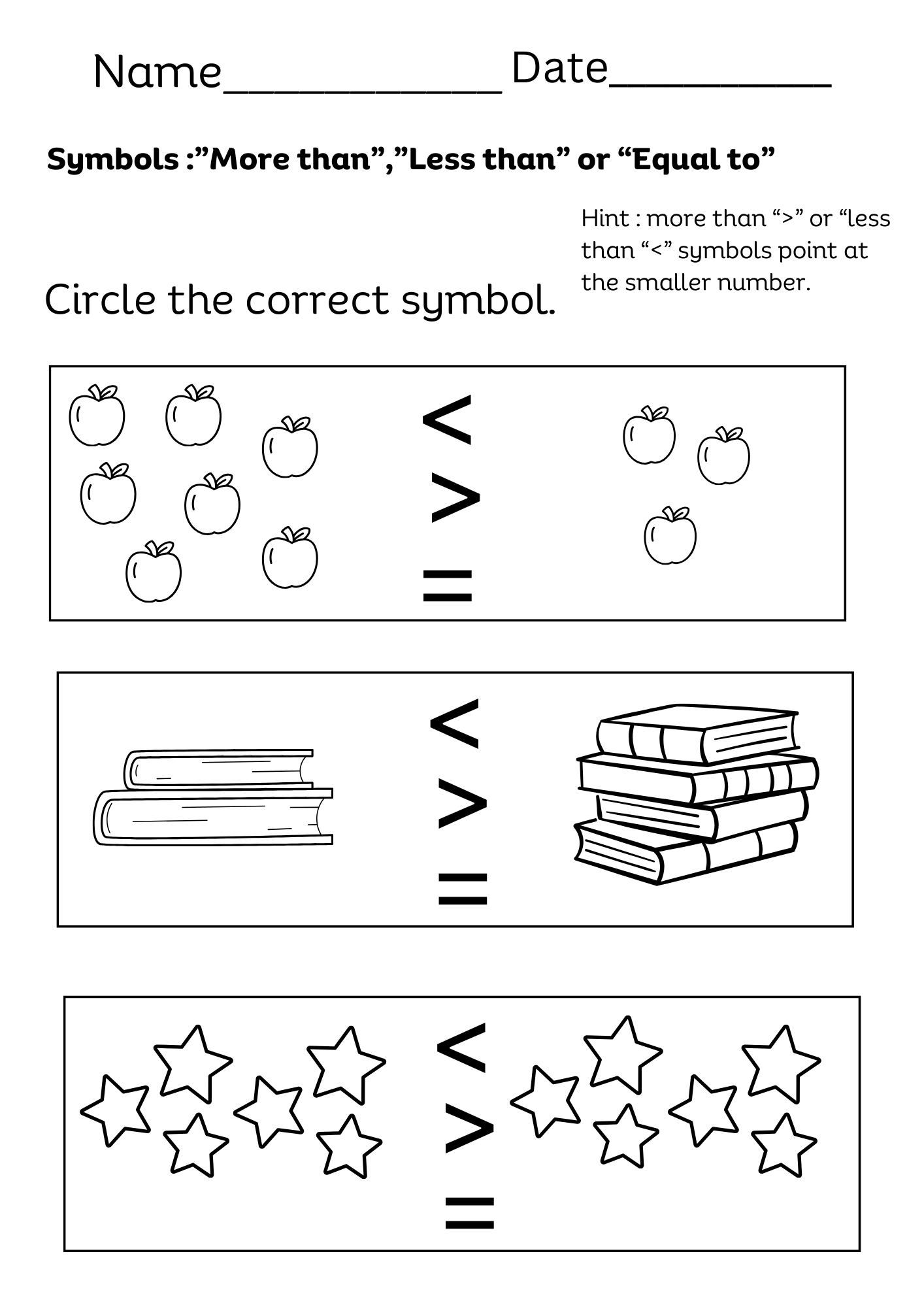 greater than less than kindergarten worksheets