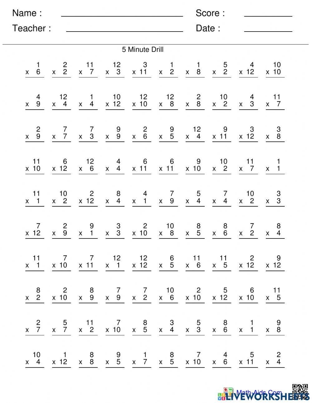 Multiplication Facts 0 12 Online Exercise For Worksheets Library
