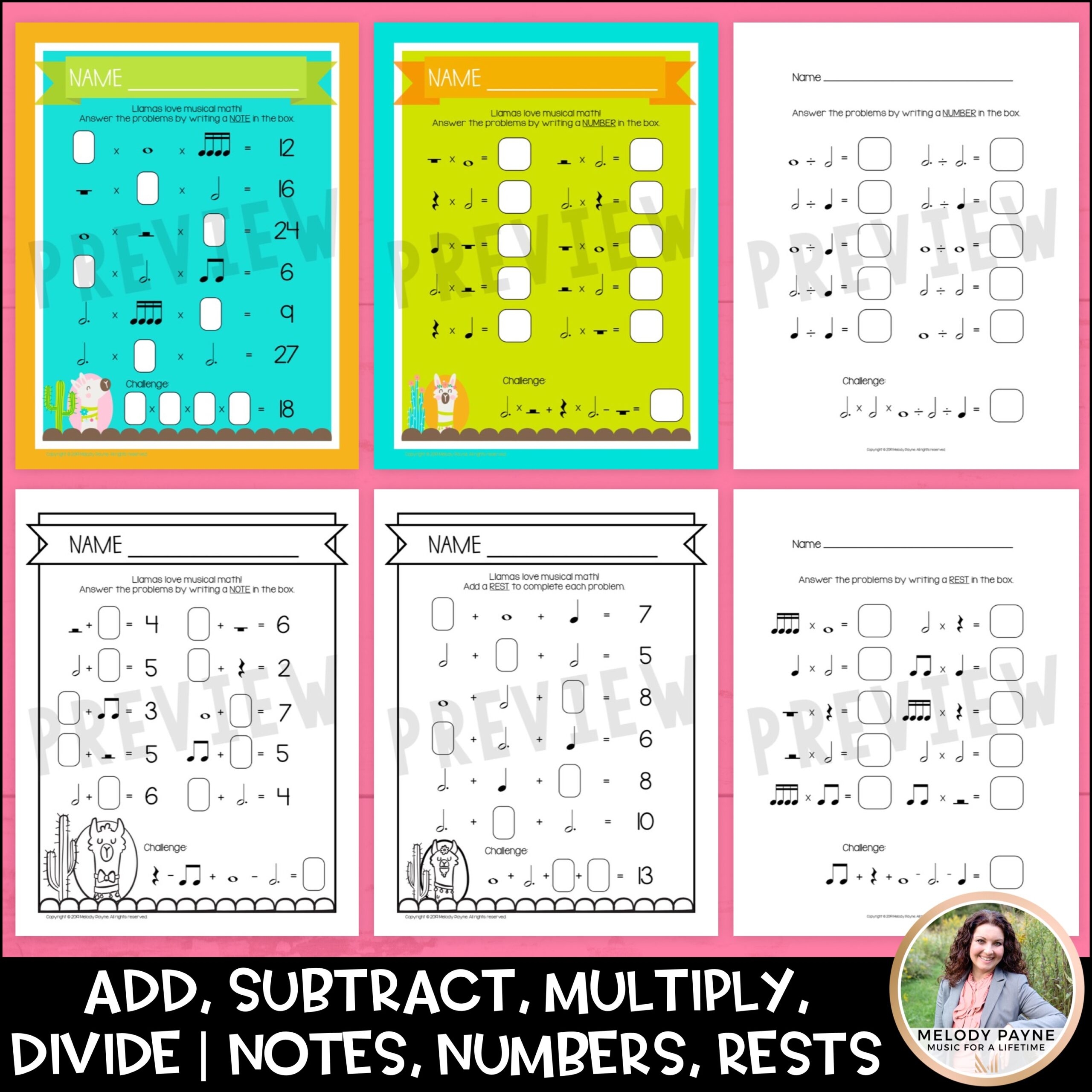 Music Math Rhythm Worksheets MEGA Set Add Subtract Multiply Note Rest Values Melody Payne Music For A Lifetime