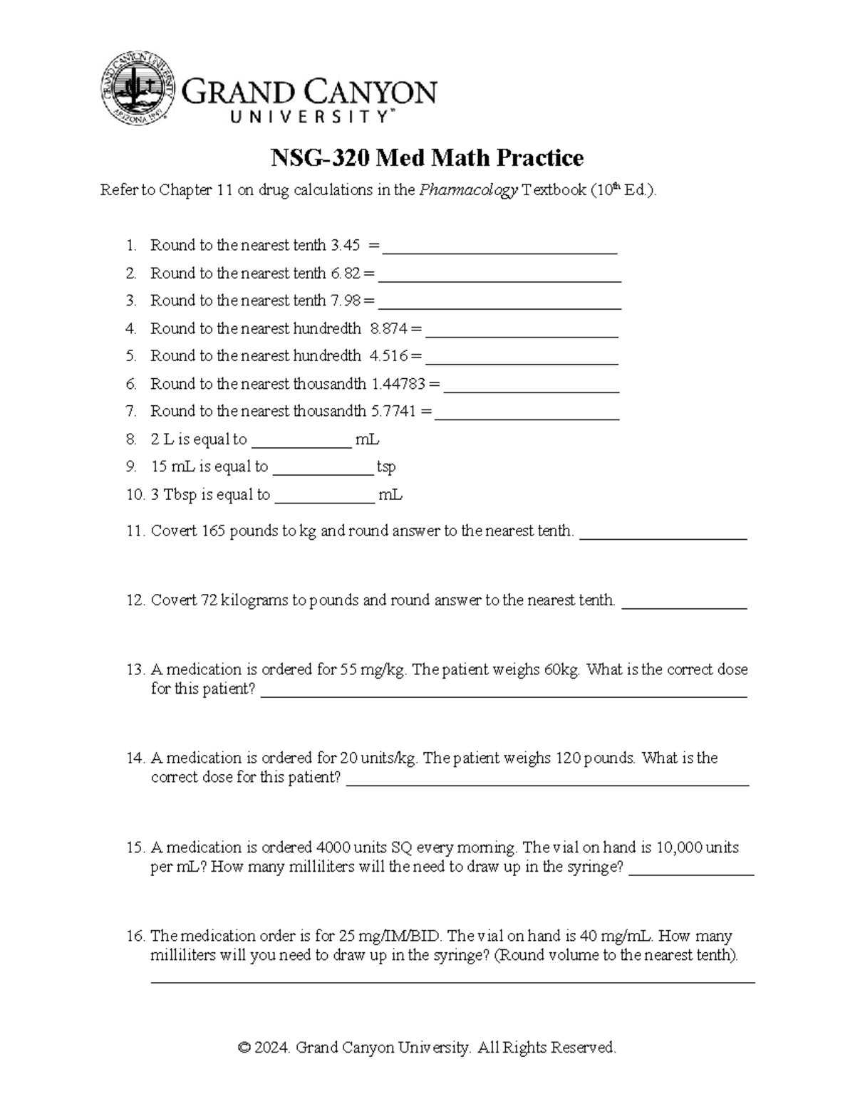 NSG 320 Med Math Practice Exercises Rounding And Dosage Calculations Studocu