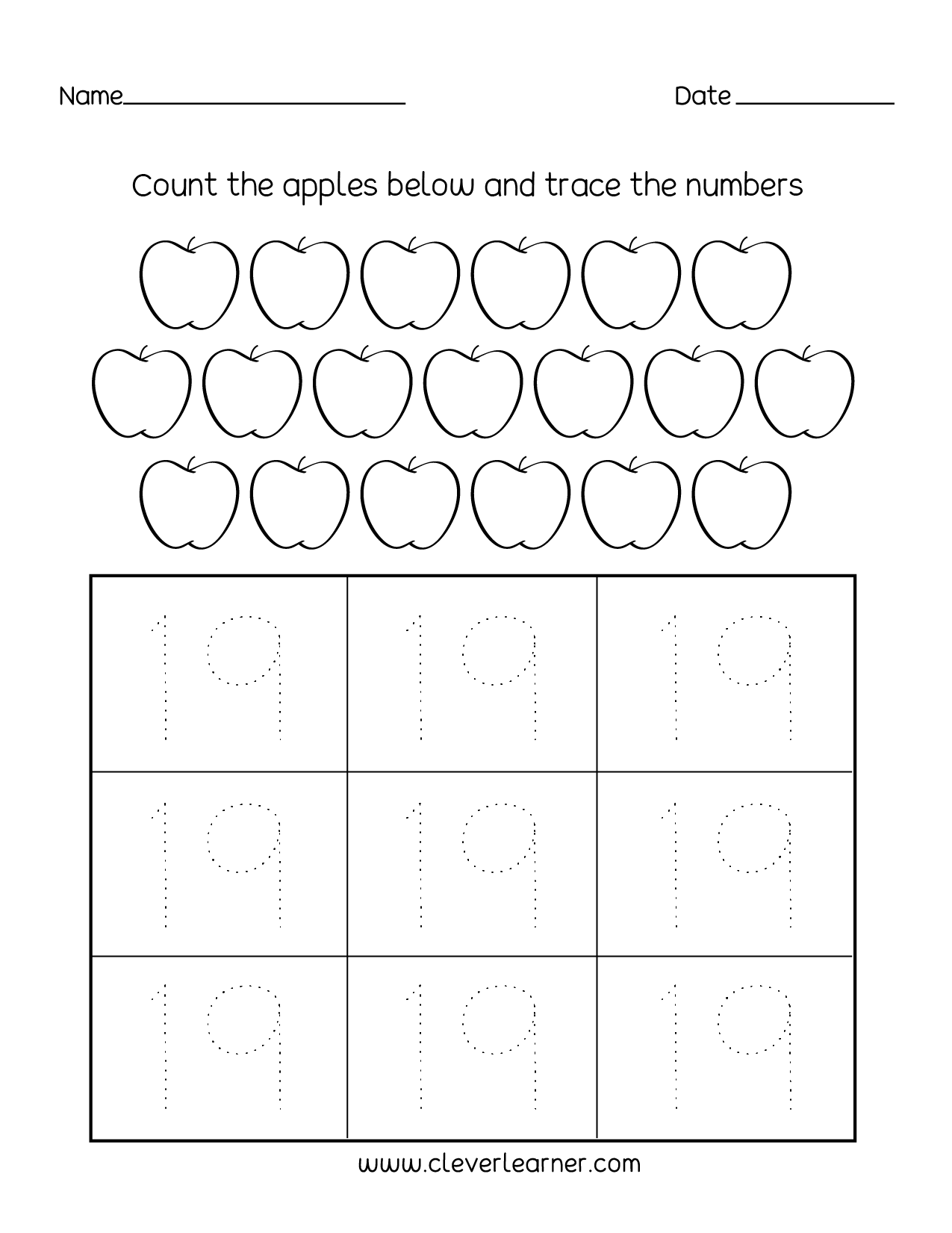 Number 19 Writing Counting And Identification Printable Worksheets For Children