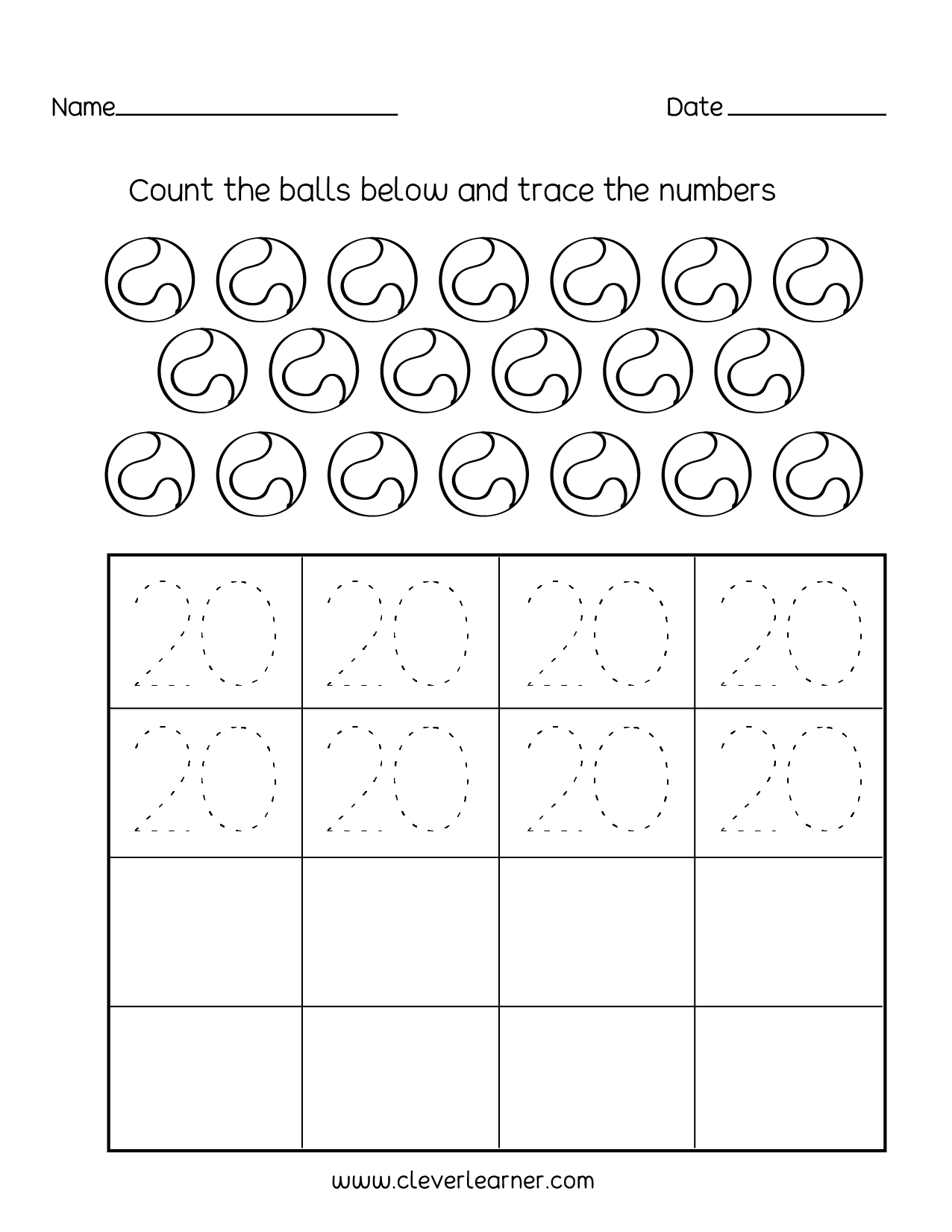 Number 20 Writing Counting And Identification Printable Worksheets For Children