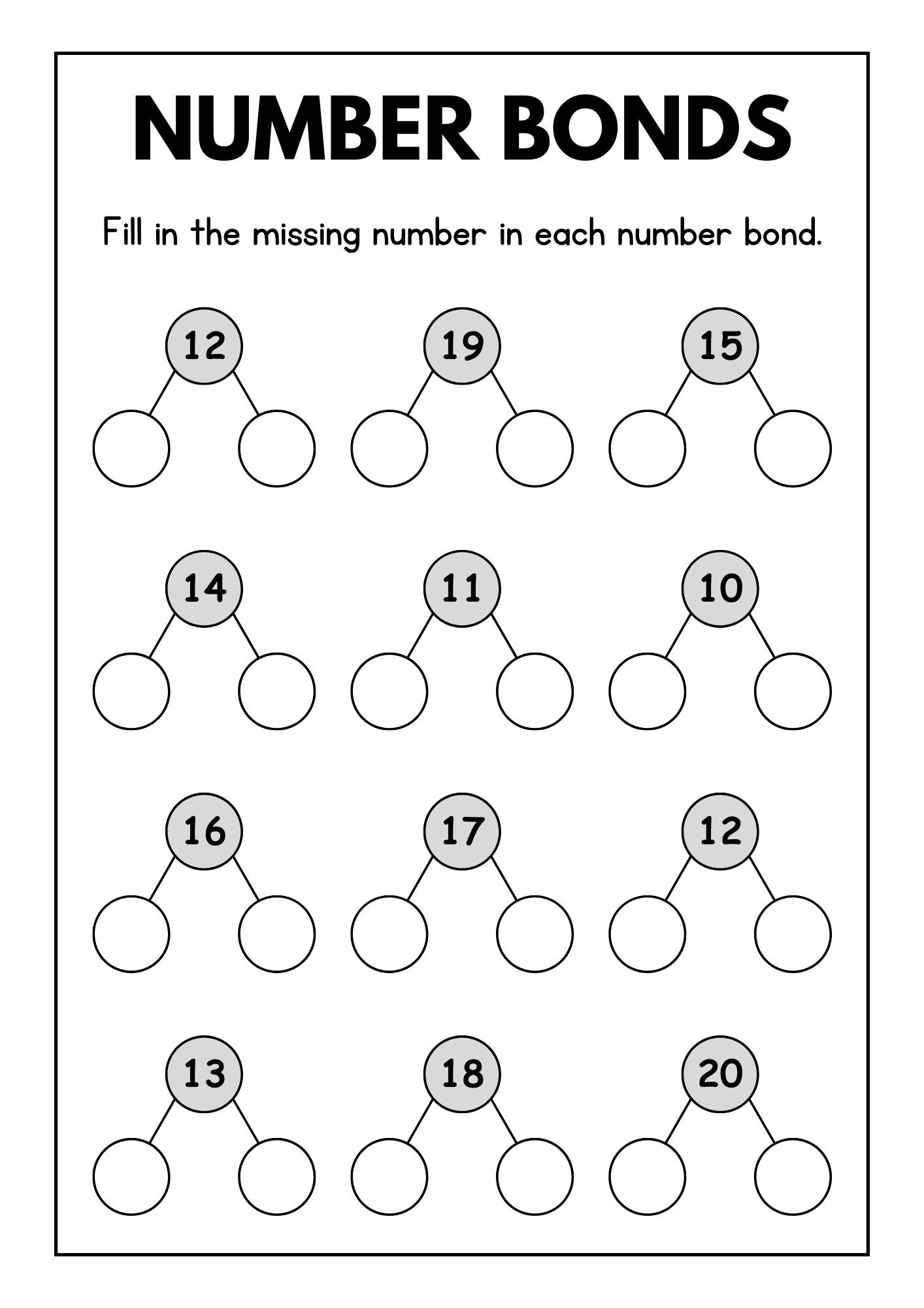 Number Bonds To 20 Worksheets Kindergarten First Grade printable Etsy
