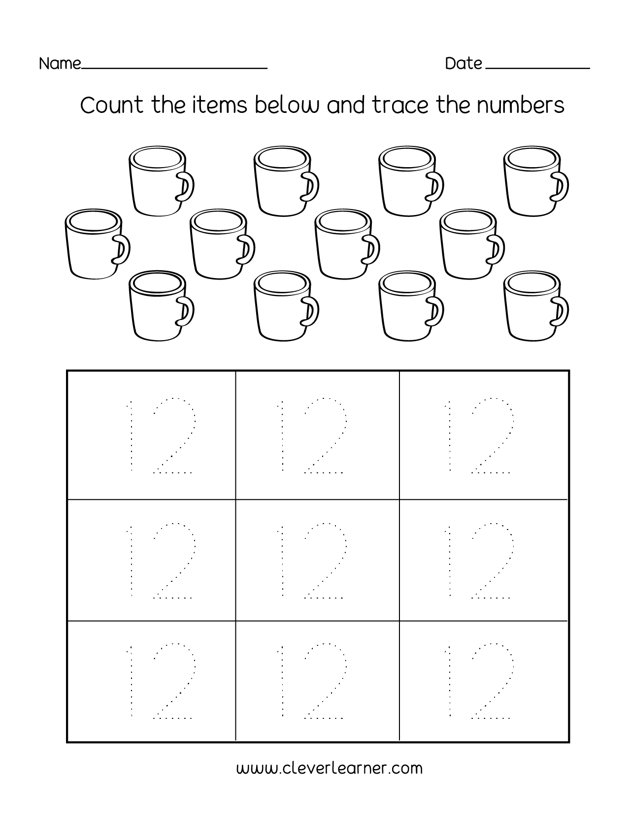 Number Twelve Writing Counting And Identification Printable Worksheets For Children