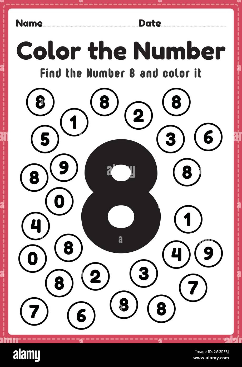 Number Worksheets For Kindergarten Number 8 Coloring Math Activities For Preschool Kids To Learn Basic Mathematics Skills In A Printable Page Stock Vector Image Art Alamy