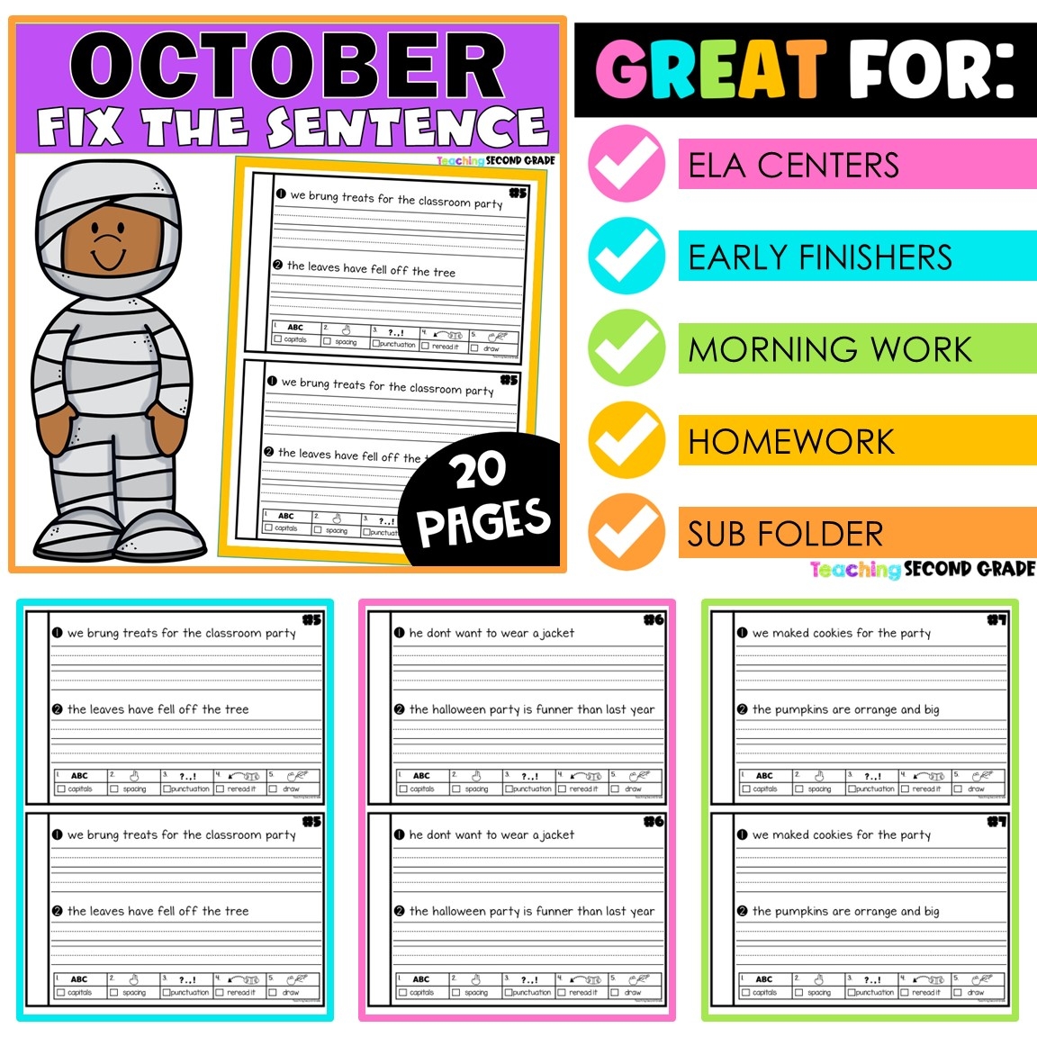 October Fix The Sentence Worksheets Sentence Editing Daily Oral Language DOL Teaching Ideas Made Easy