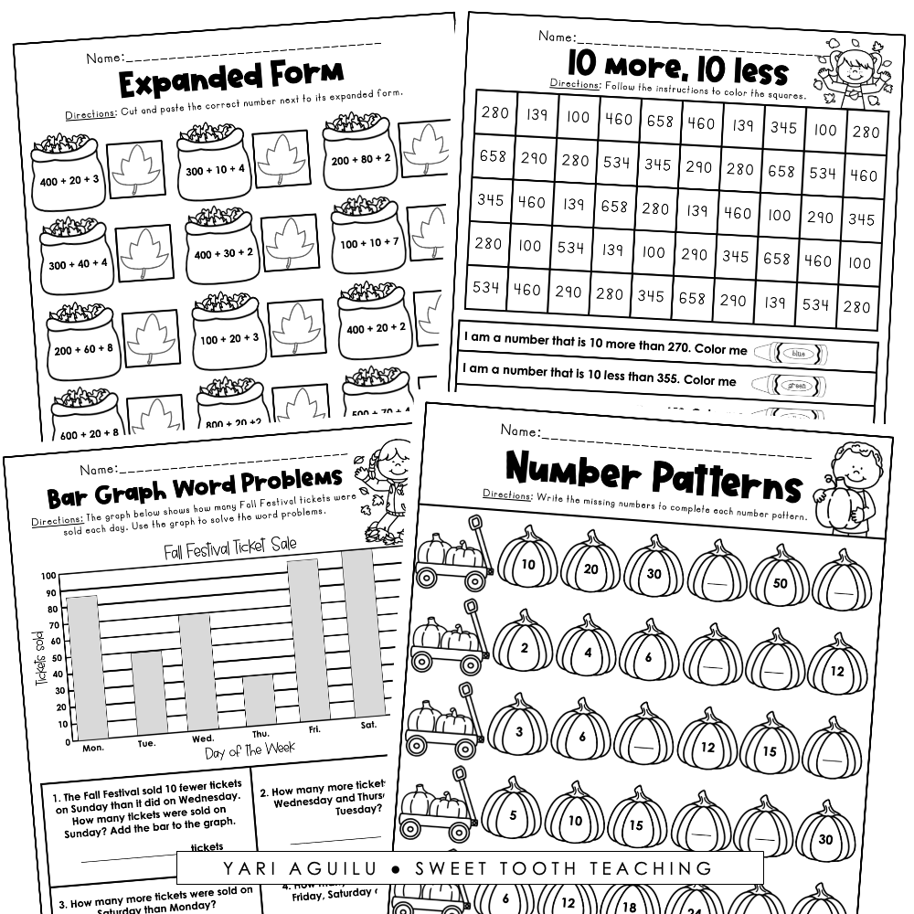 October Printables Second Grade Review Worksheets ELA Grammar Reading Math Shop Sweet Tooth Teaching