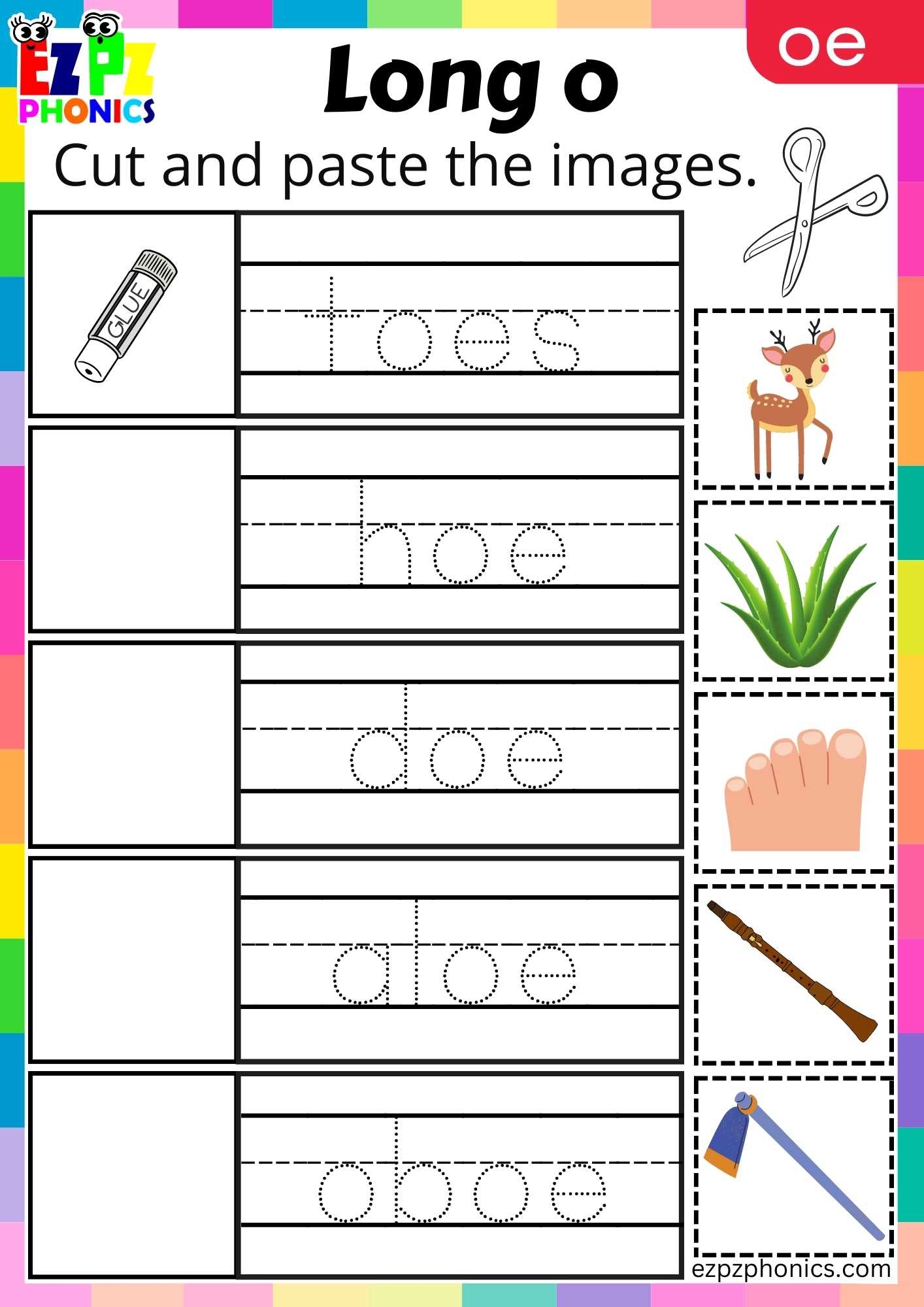 OE Words Cut And Paste The Images Long O Phonics Worksheet Ezpzphonics