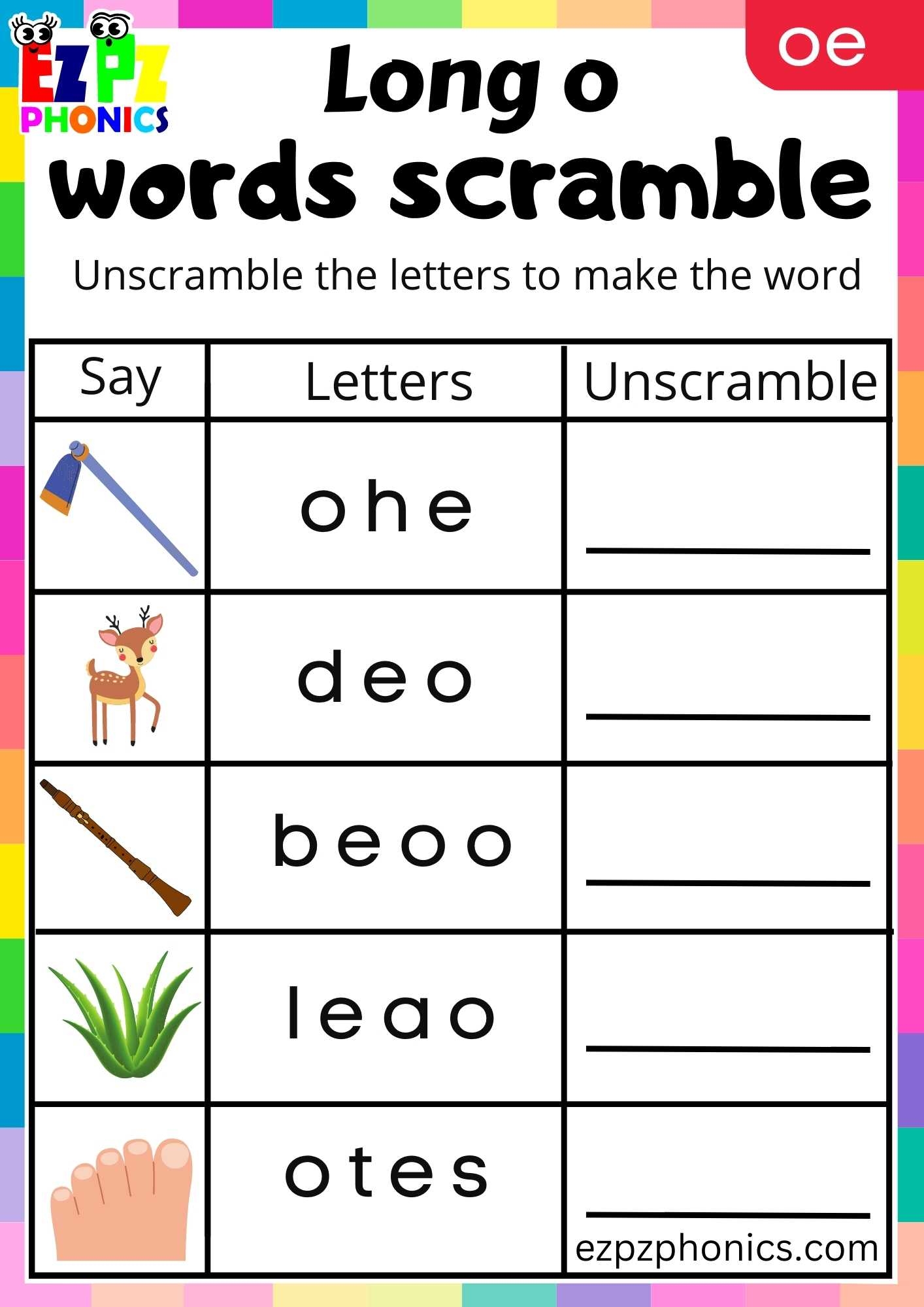 OE Words Words Scramble Long O Phonics Worksheet Ezpzphonics