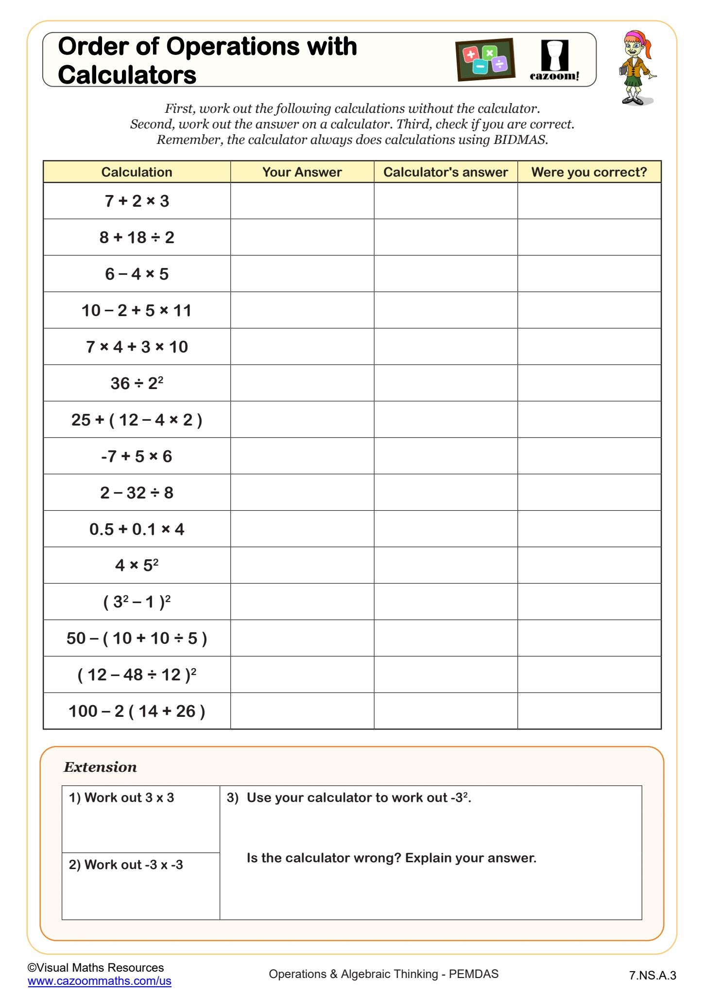 order of math operations worksheet