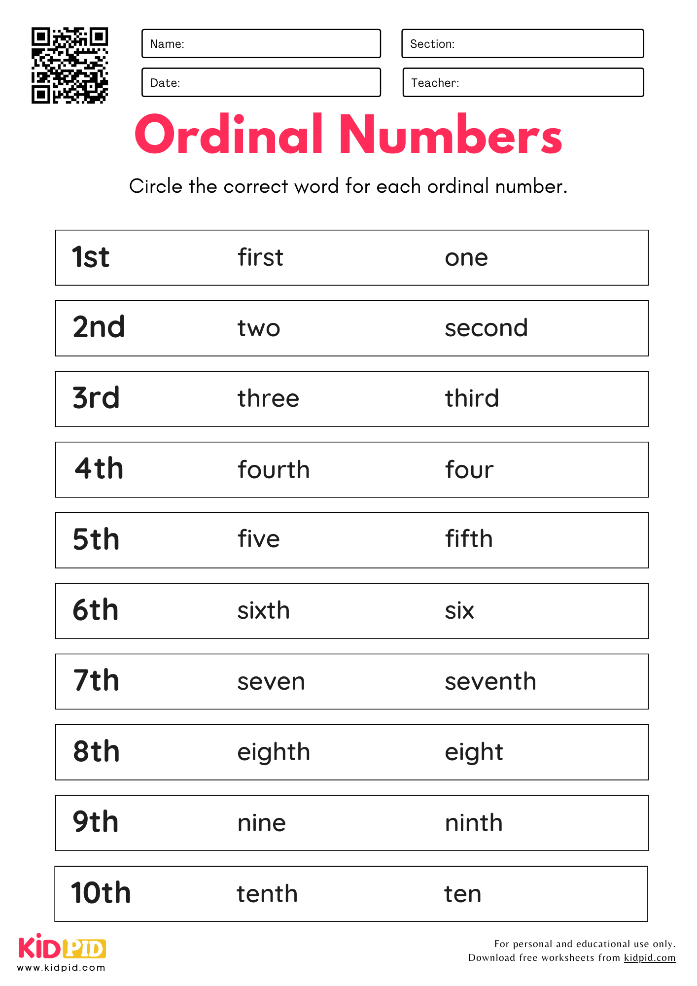 Ordinal Numbers Worksheets For Grade 1 Kidpid