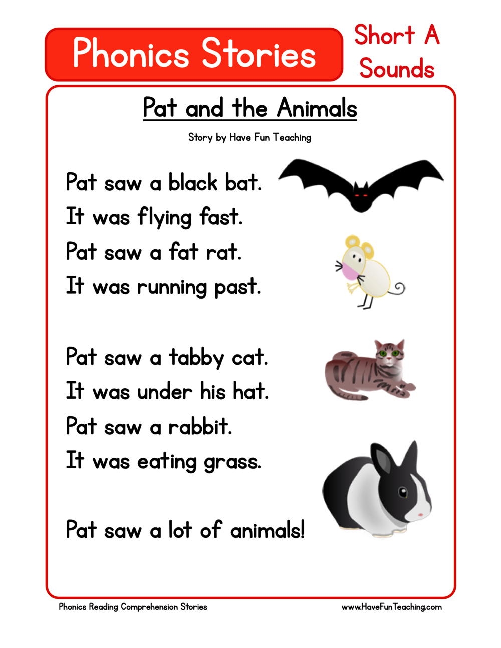 Pat And The Animals Phonics Reading Comprehension Story Worksheet Short Vowel A Sound Have Fun Teaching