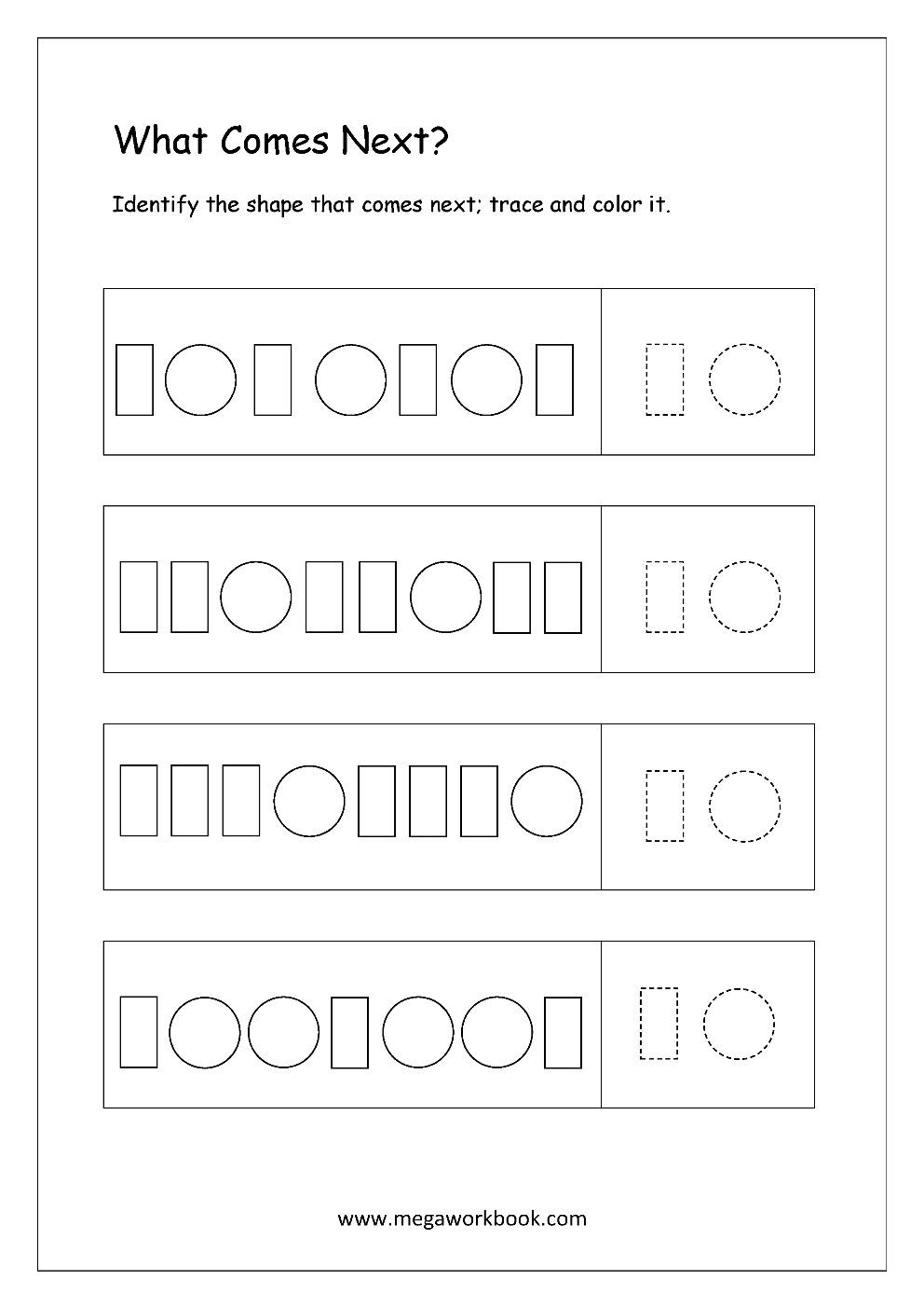 Pattern Identification What Comes Next Worksheets For Preschool Kindergarten MegaWorkbook