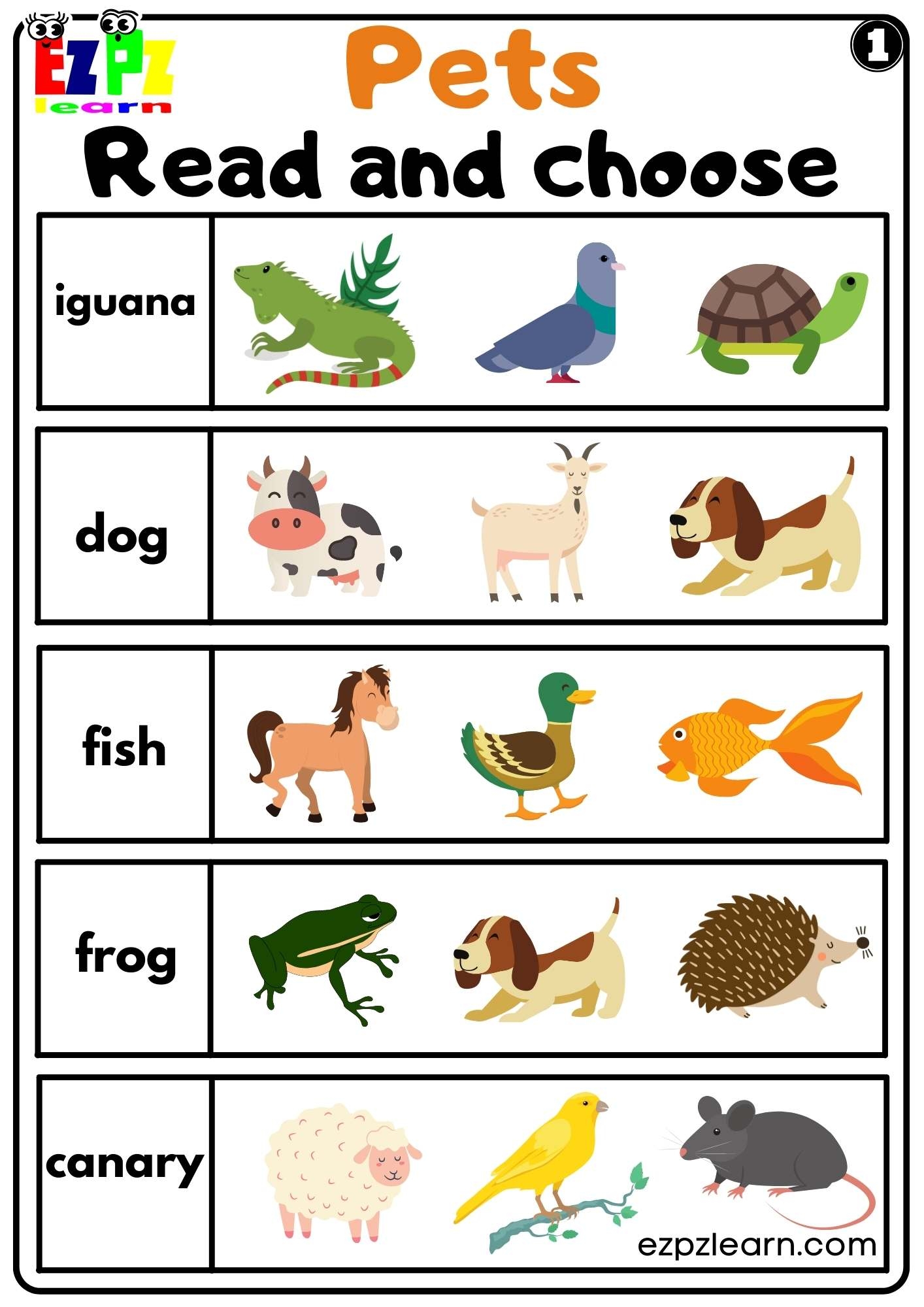 Pets Read And Choose Worksheet For Kindergarten And ESL PDF Download Set 1 Ezpzlearn