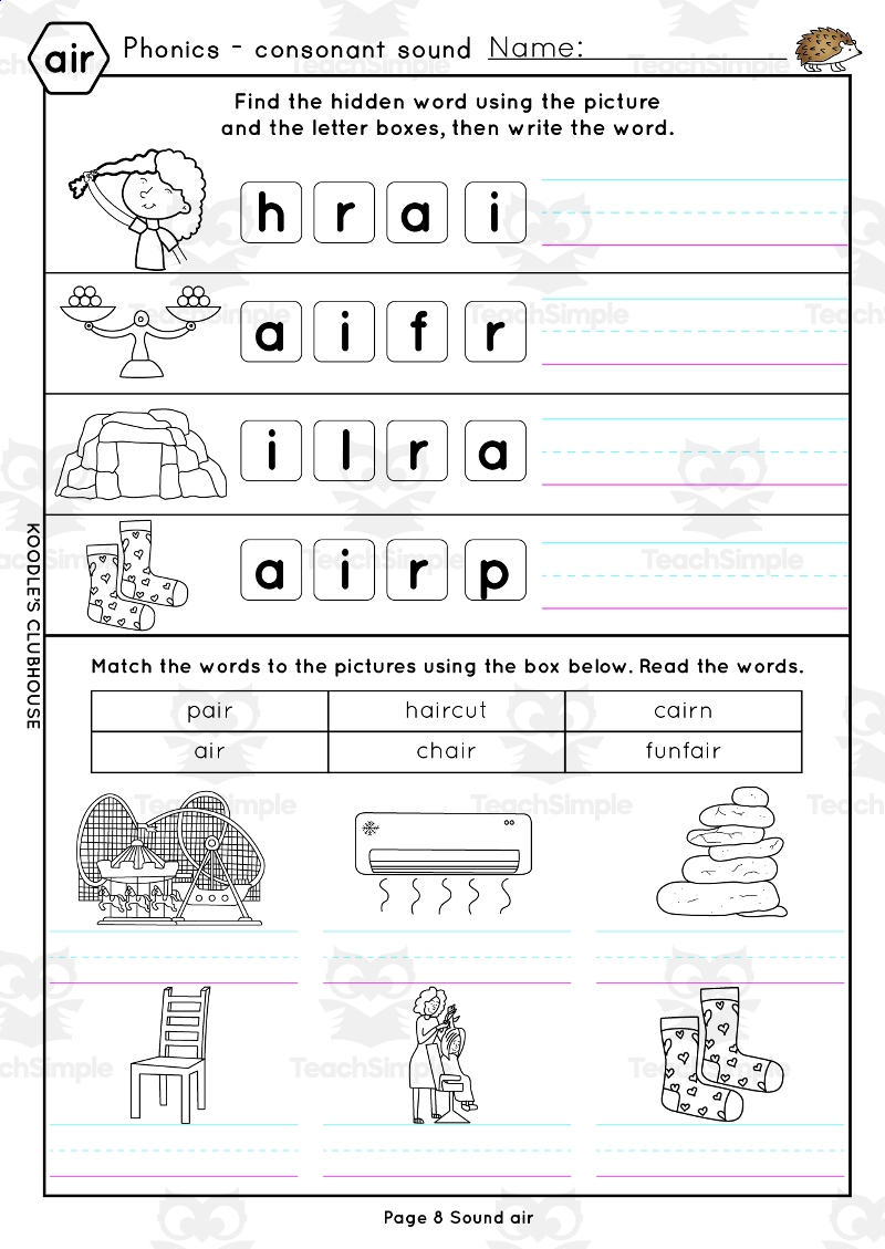 Phonics EAR AIR URE ER Worksheets By Teach Simple