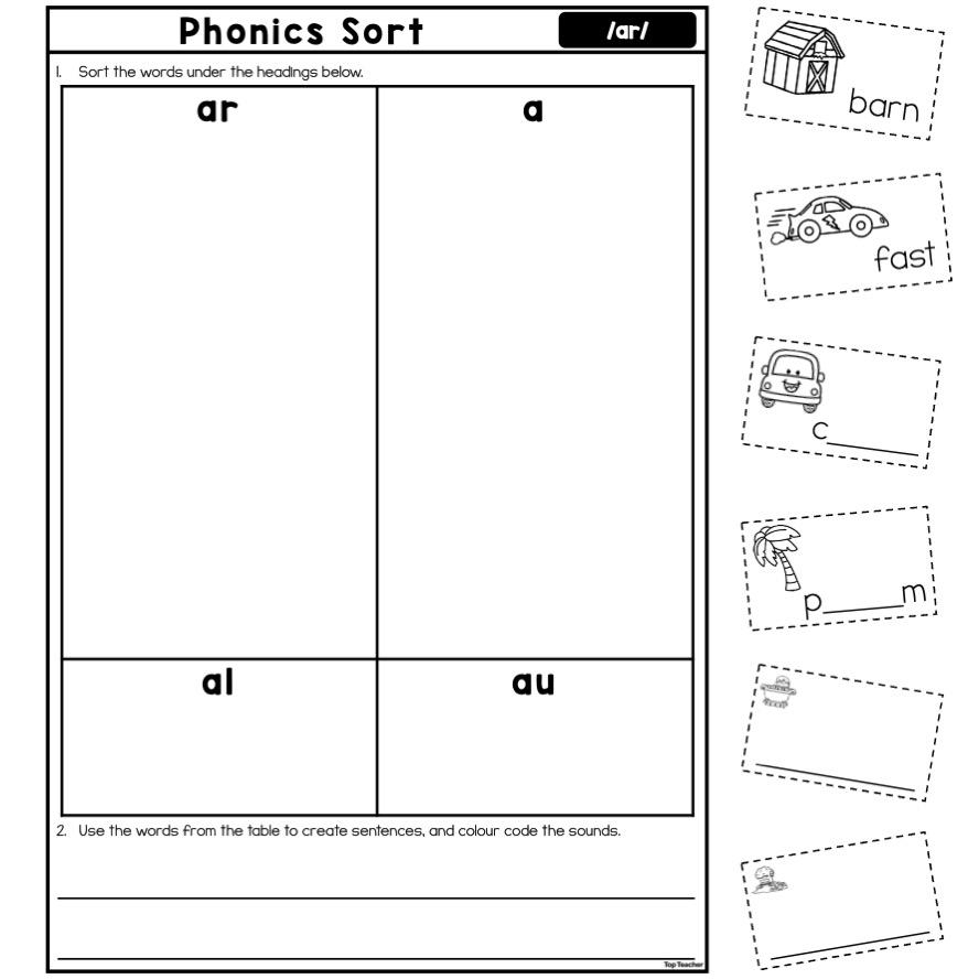 Phonics Sort Worksheet ar Top Teacher