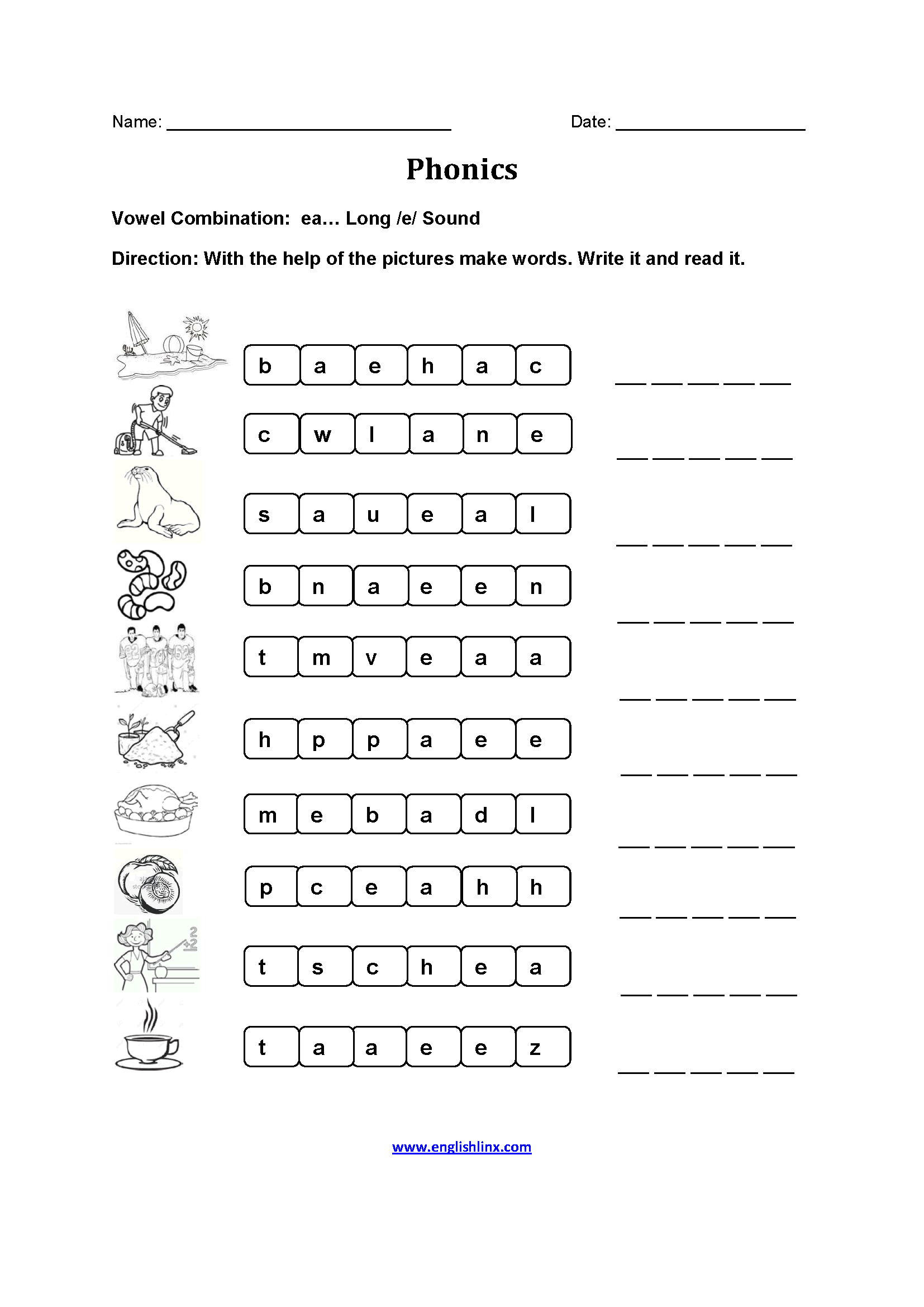Phonics Worksheets Vowel Combination EA Phonics Worksheets