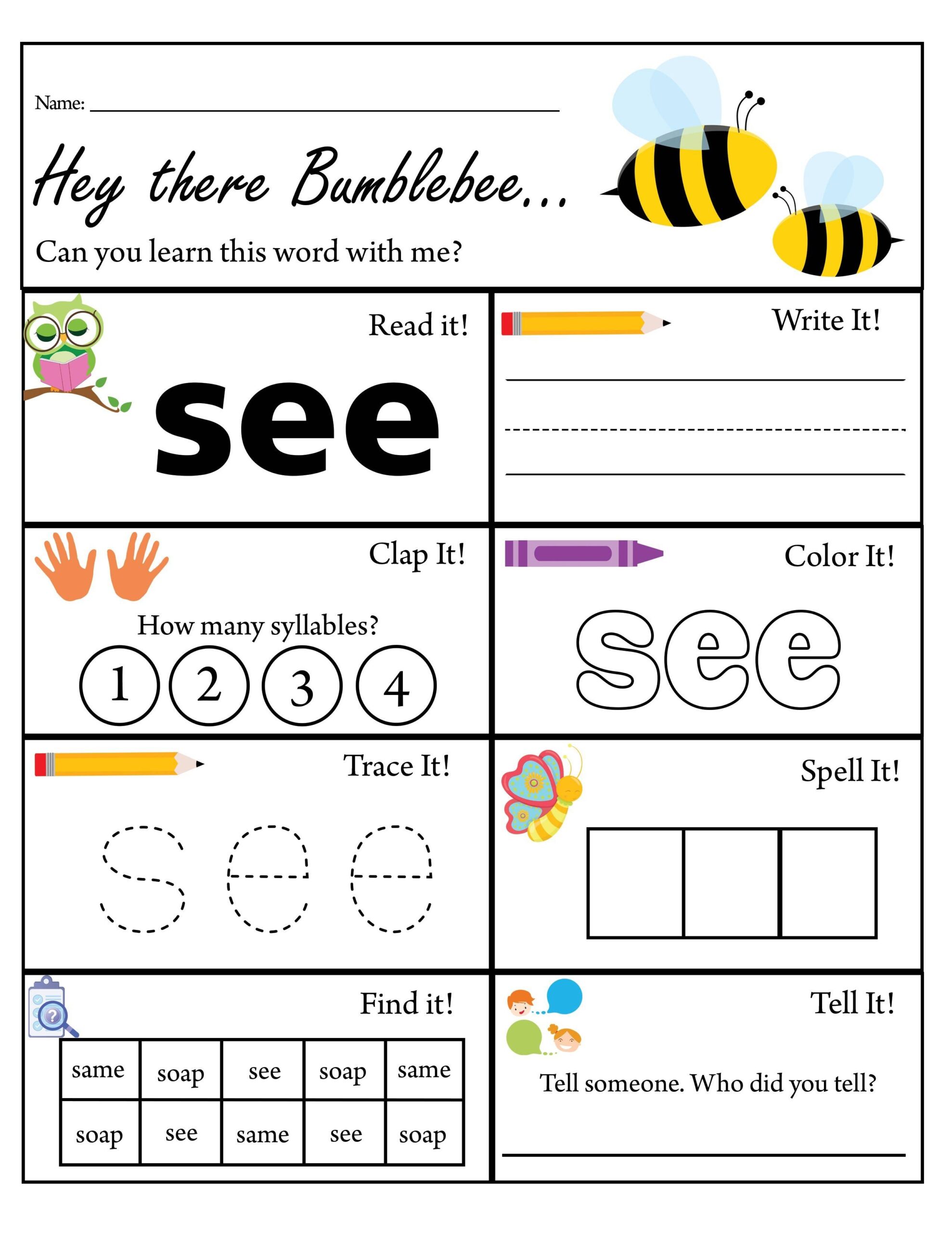 Pre K Sight Word See Worksheet Dolch Sight Words TPT