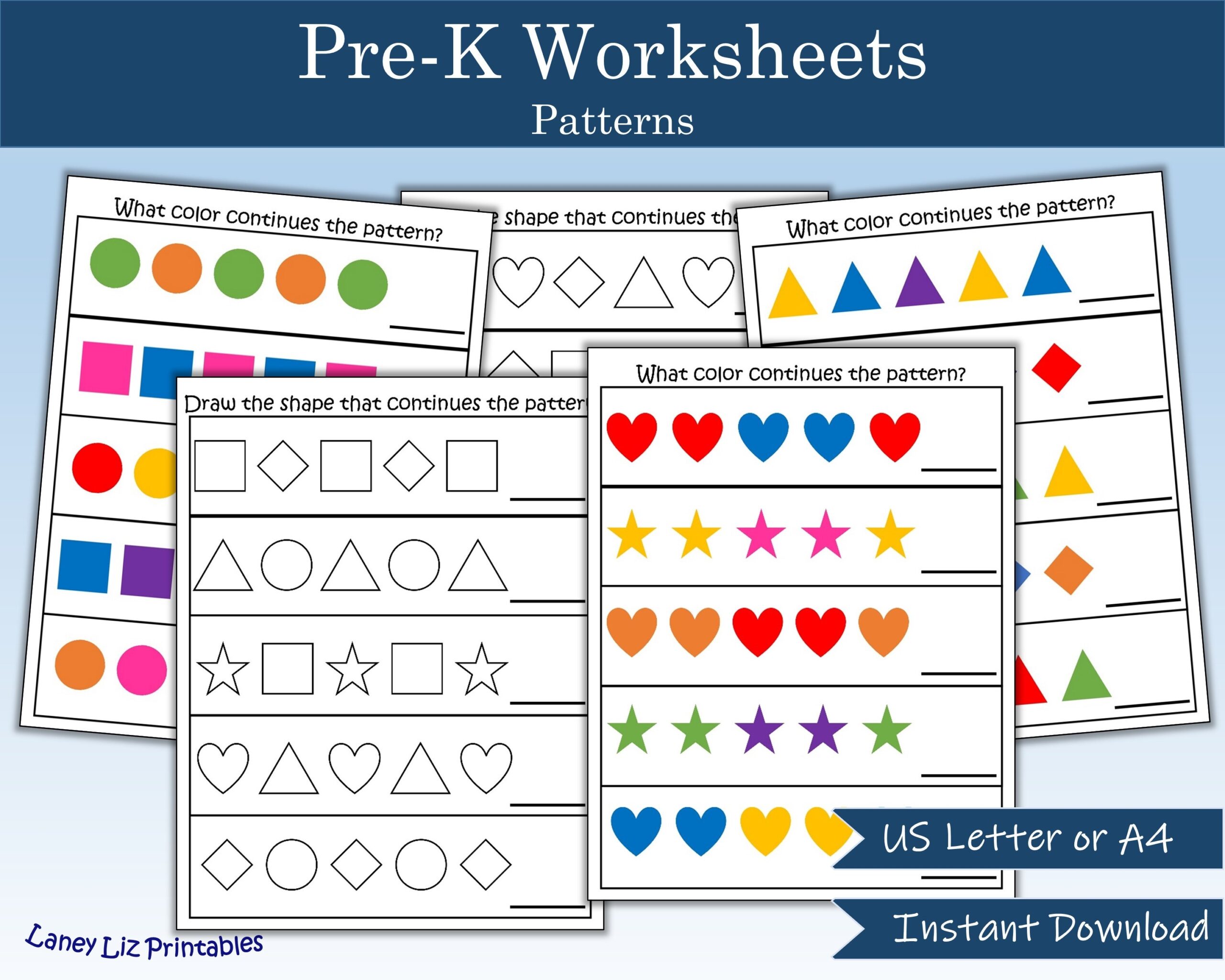 Pre k Worksheet Patterns Shape And Color Patterns Pattern Recognition Preschool Kindergarten Worksheet Etsy