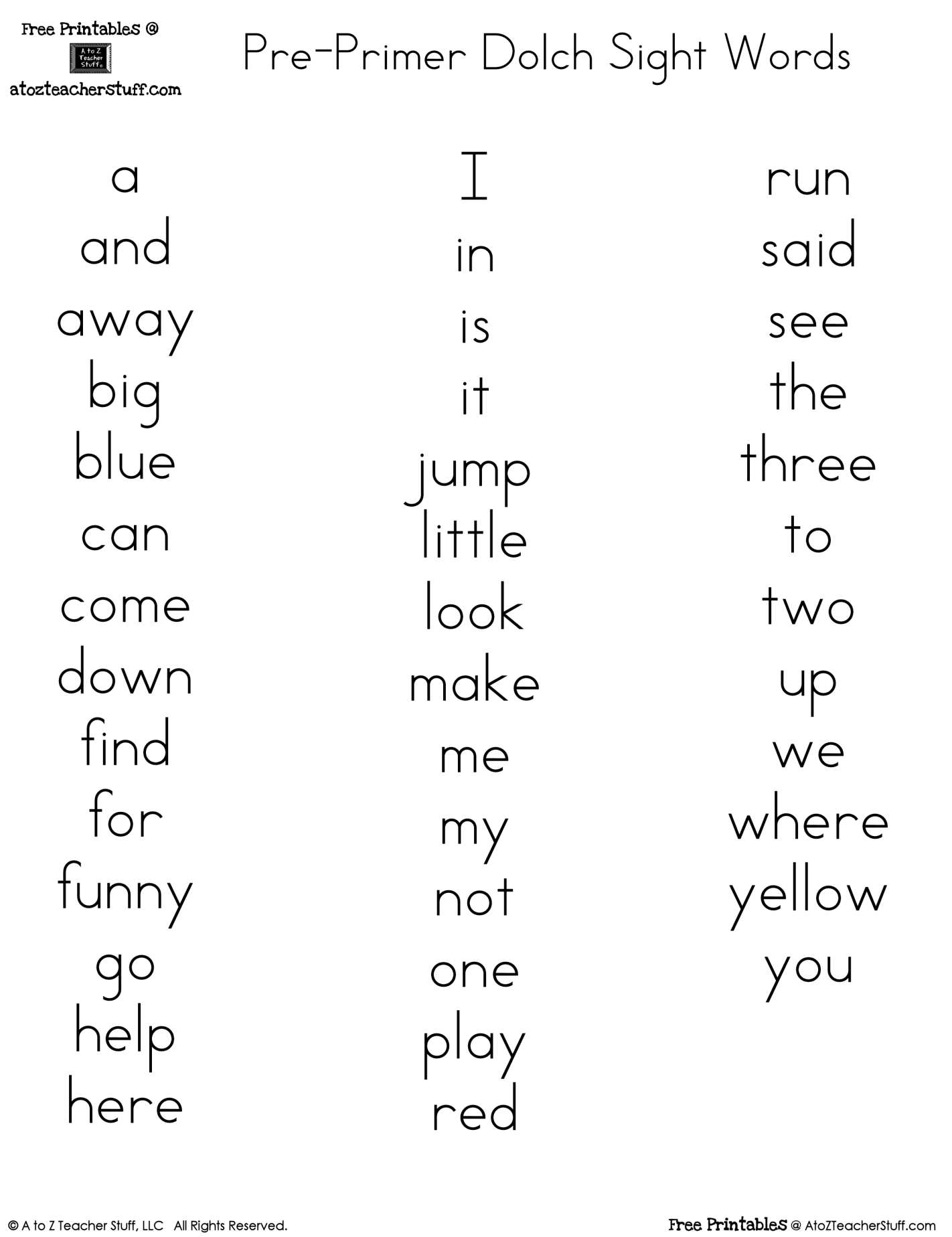 Pre Primer Dolch Sight Word Printables A To Z Teacher Stuff