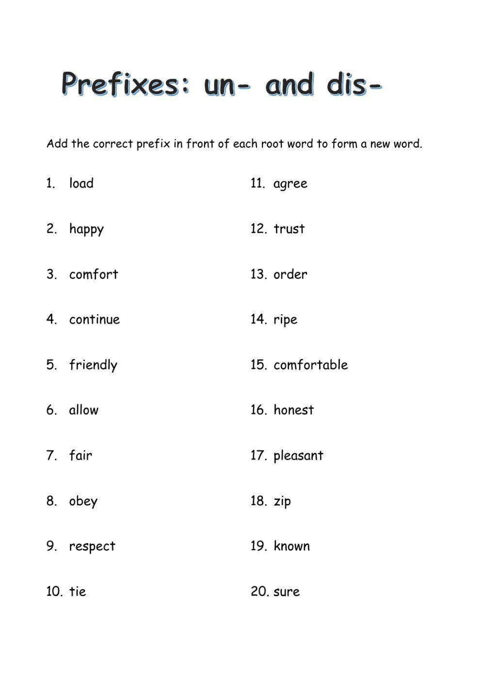 Prefix Un And Dis Worksheet Worksheets Library