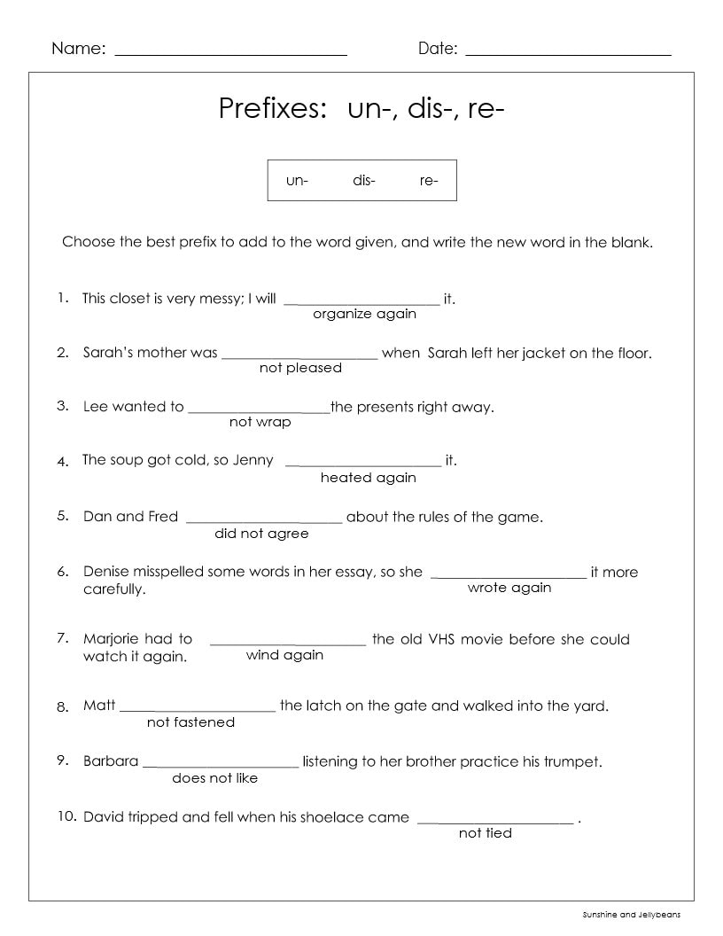 Prefixes Un Dis Re 3 Worksheets Grades 2 3 Practice Review CCSS Etsy