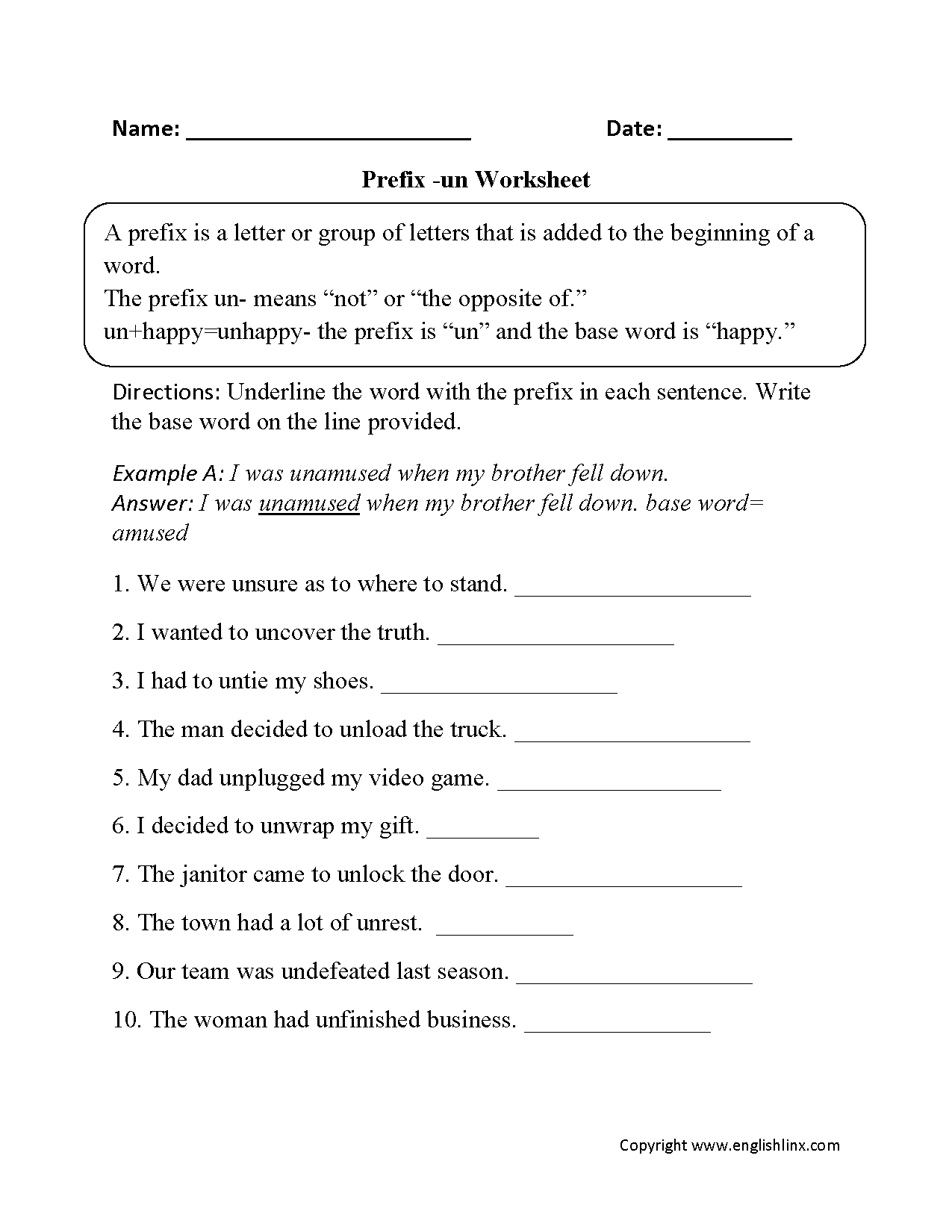 Prefixes Worksheets Prefix Un Worksheet