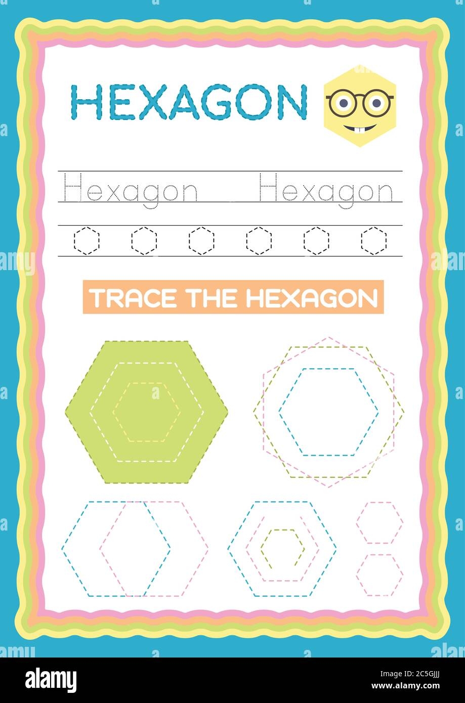 Preschool Colorful Hexagon Shape Tracing And Writing Daily Printable A4 Practice Worksheet Vector Illustration Exercise For Kids Stock Vector Image Art Alamy
