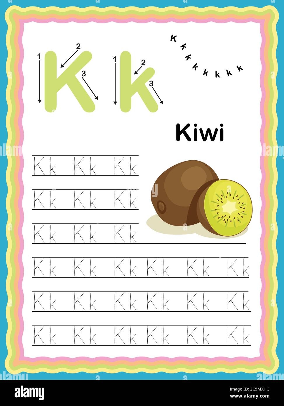 Preschool Colorful Letter K Uppercase And Lowercase Tracing Alphabets Start With Vegetables And Fruits Daily Writing Practice Worksheet Printable A4 Stock Vector Image Art Alamy