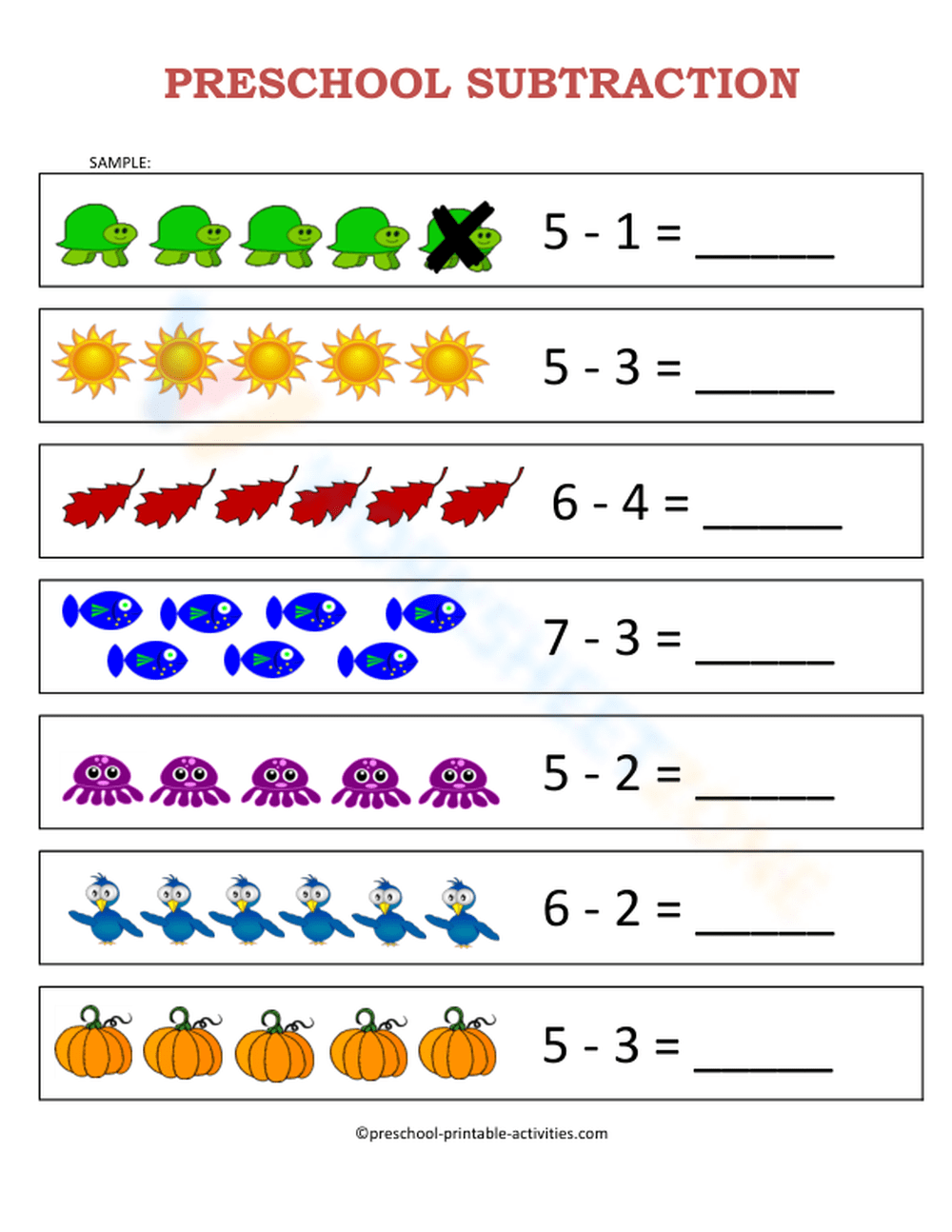 Preschool Subtraction Worksheets Printable