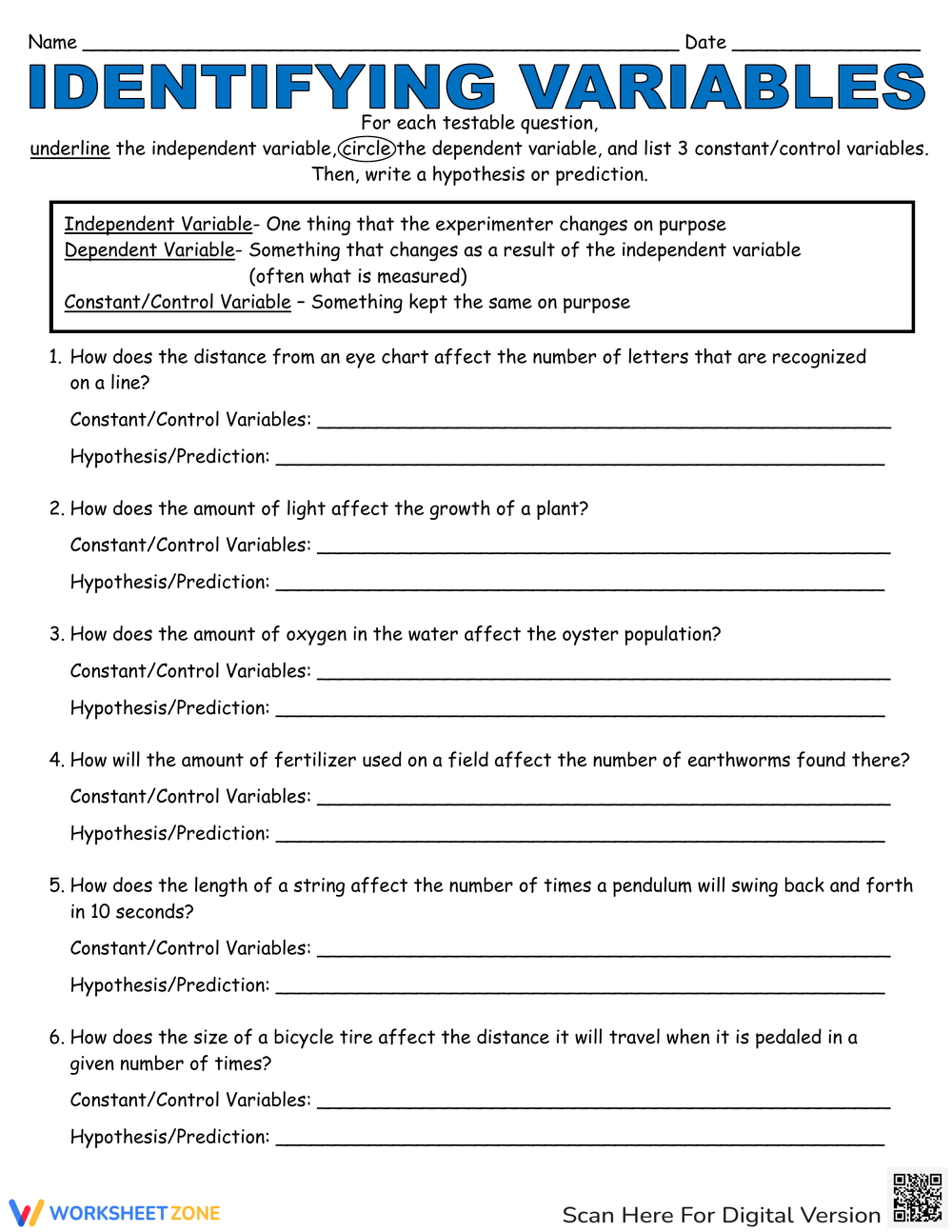 independent dependent variable math worksheet