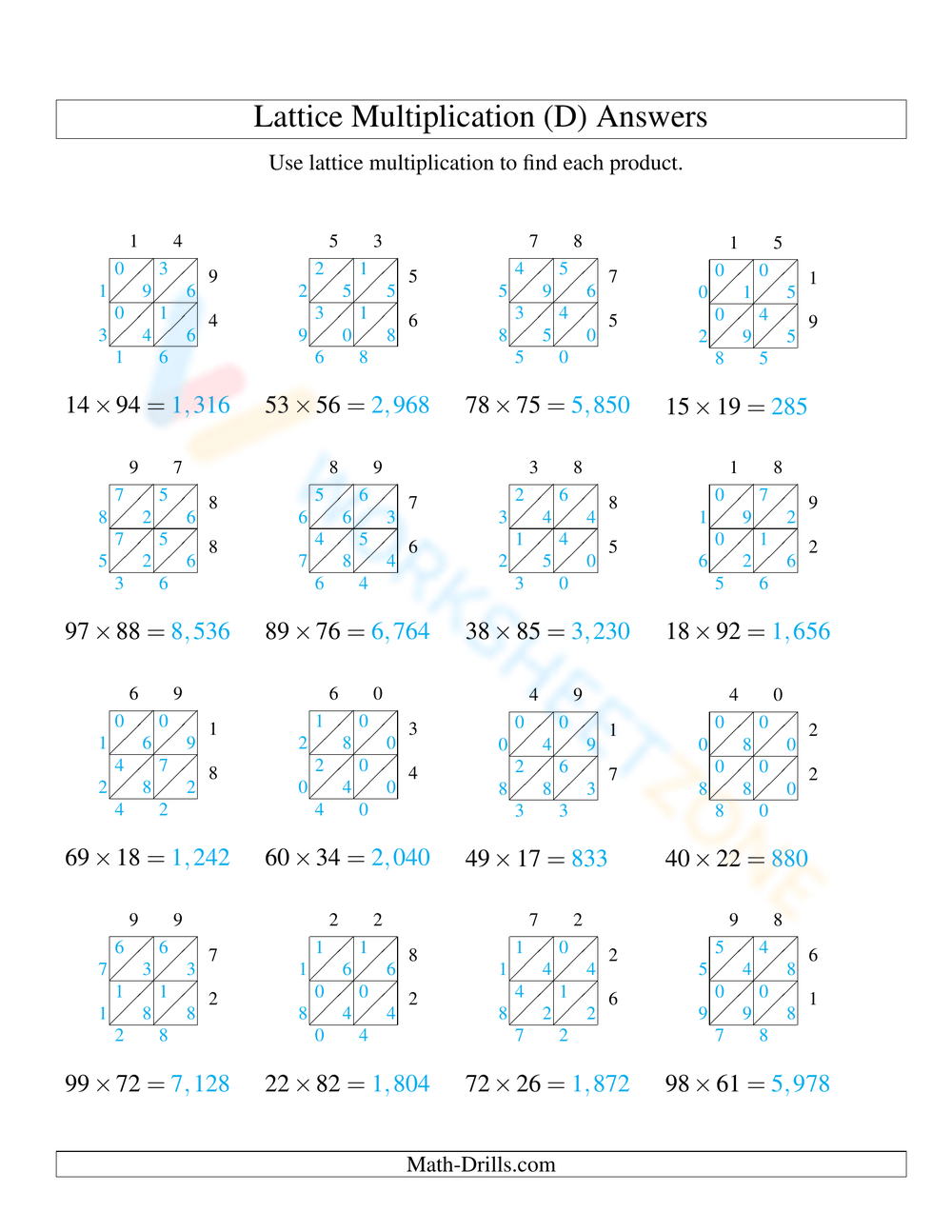 math lattice method multiplication worksheets