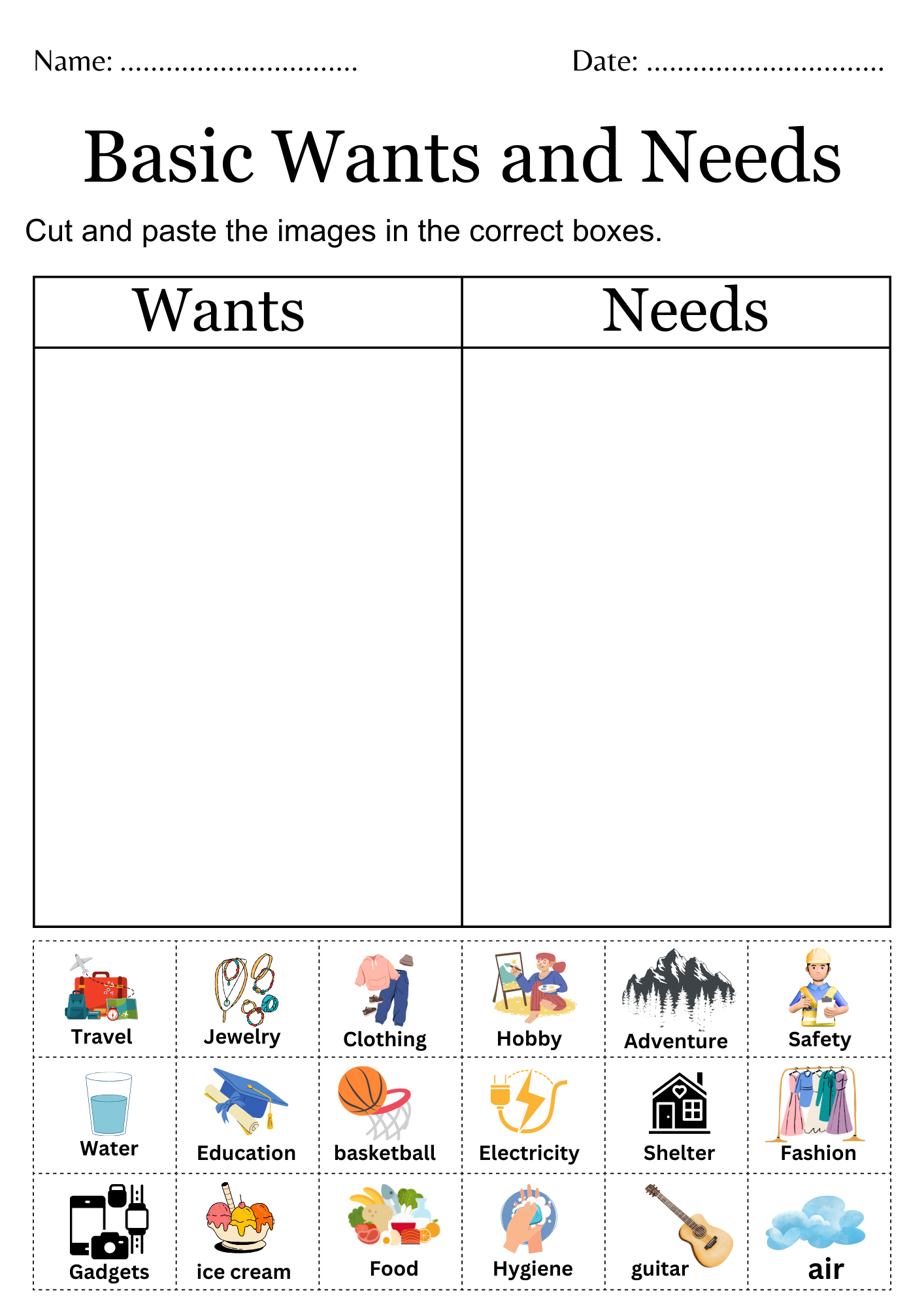 Printable Identifying Needs And Wants Worksheet Basic Needs Vs Wants Activity Teaching Resources