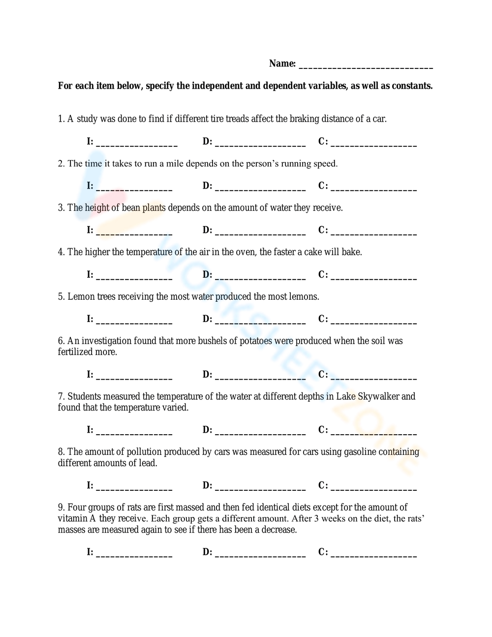 Printable Independent And Dependent Variables Worksheets