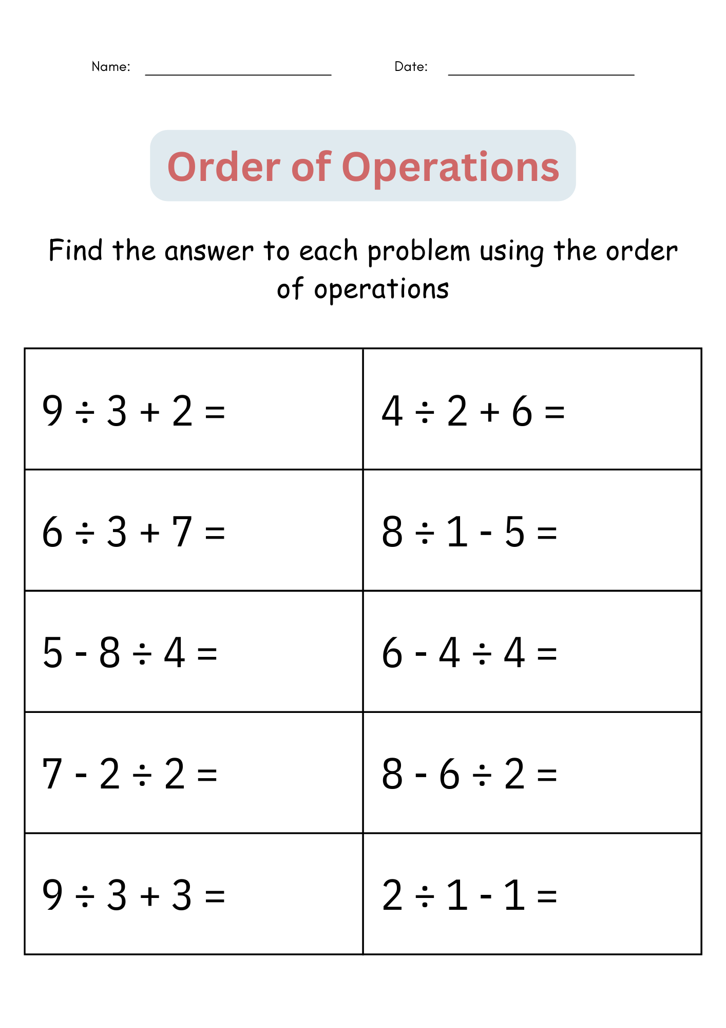 order of operations math worksheet