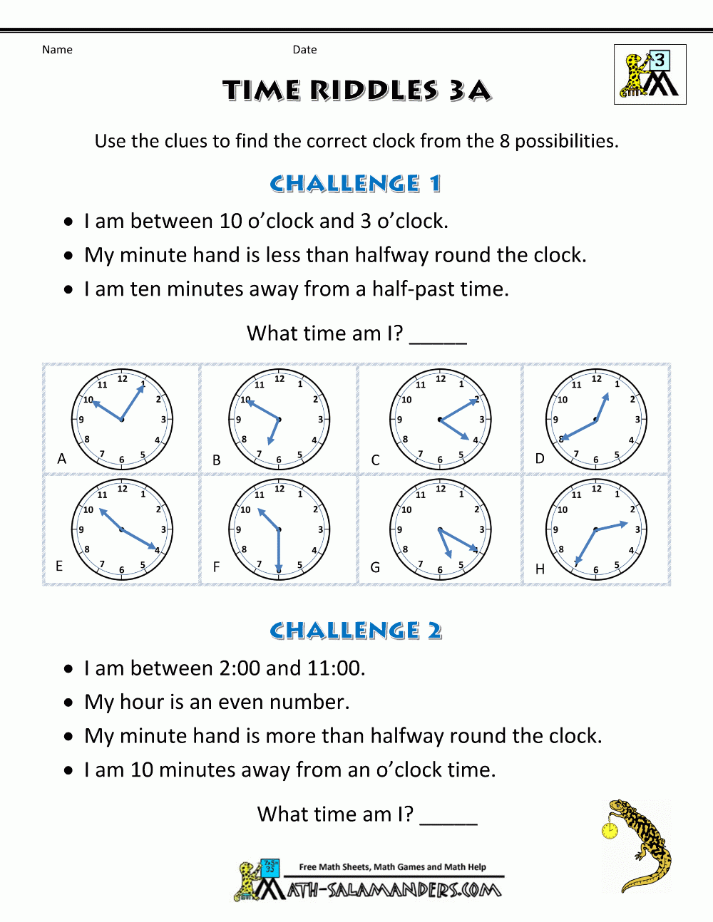 Printable Time Worksheets Time Riddles easier Printable Time Worksheets Time Riddles easier