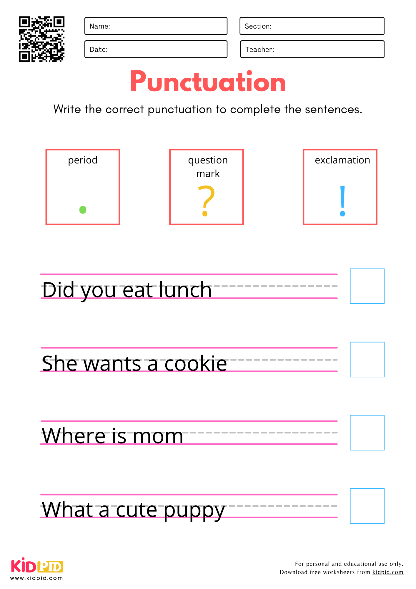 punctuation worksheets for kindergarten