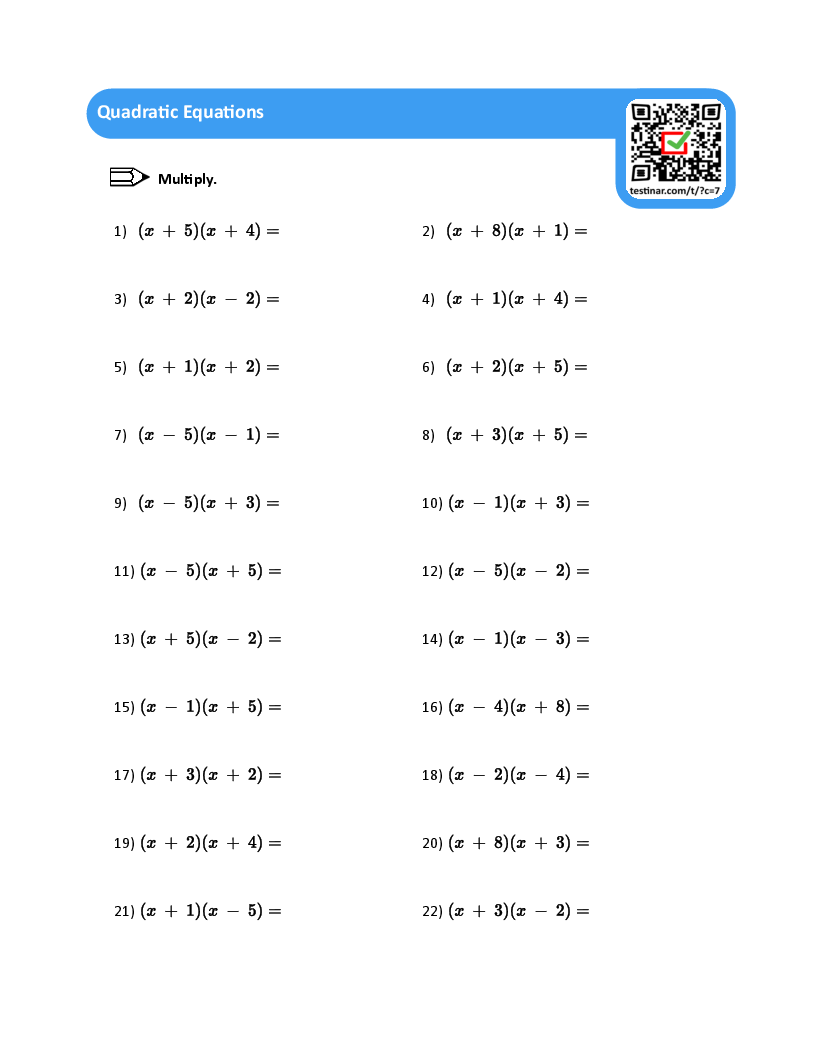 Quadratic Equations Worksheets