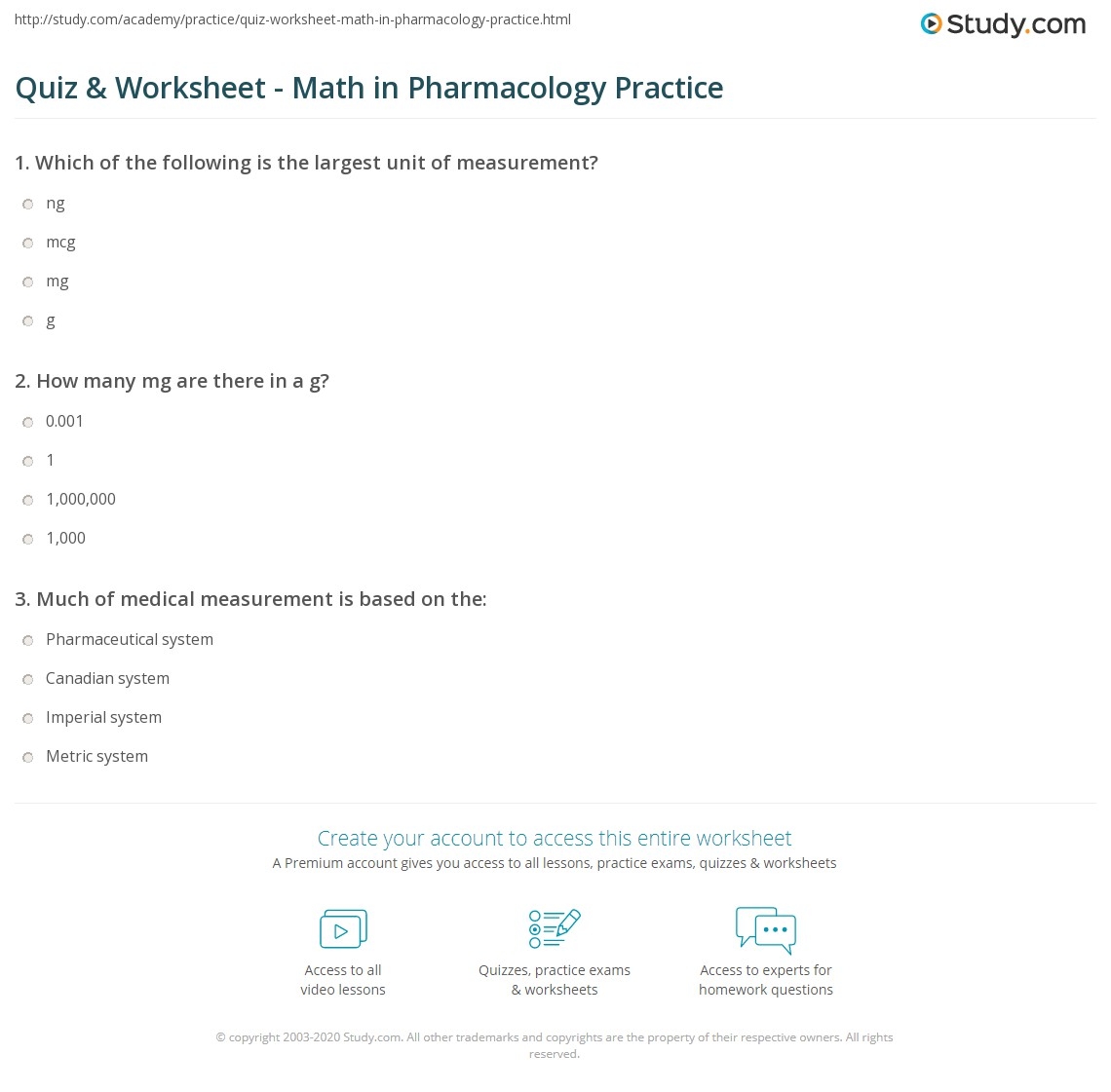 Quiz Worksheet Math In Pharmacology Practice Study