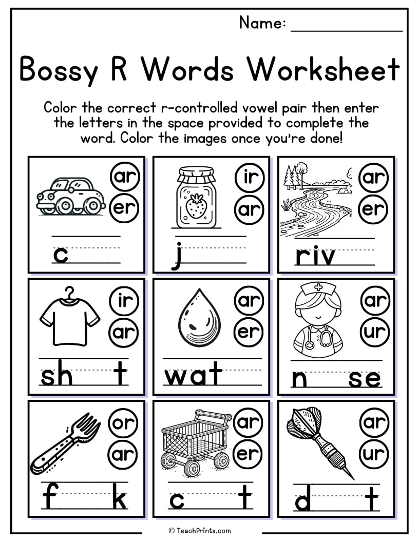 R Controlled Vowels Worksheets Bossy R Free PDF Printables Teach Prints
