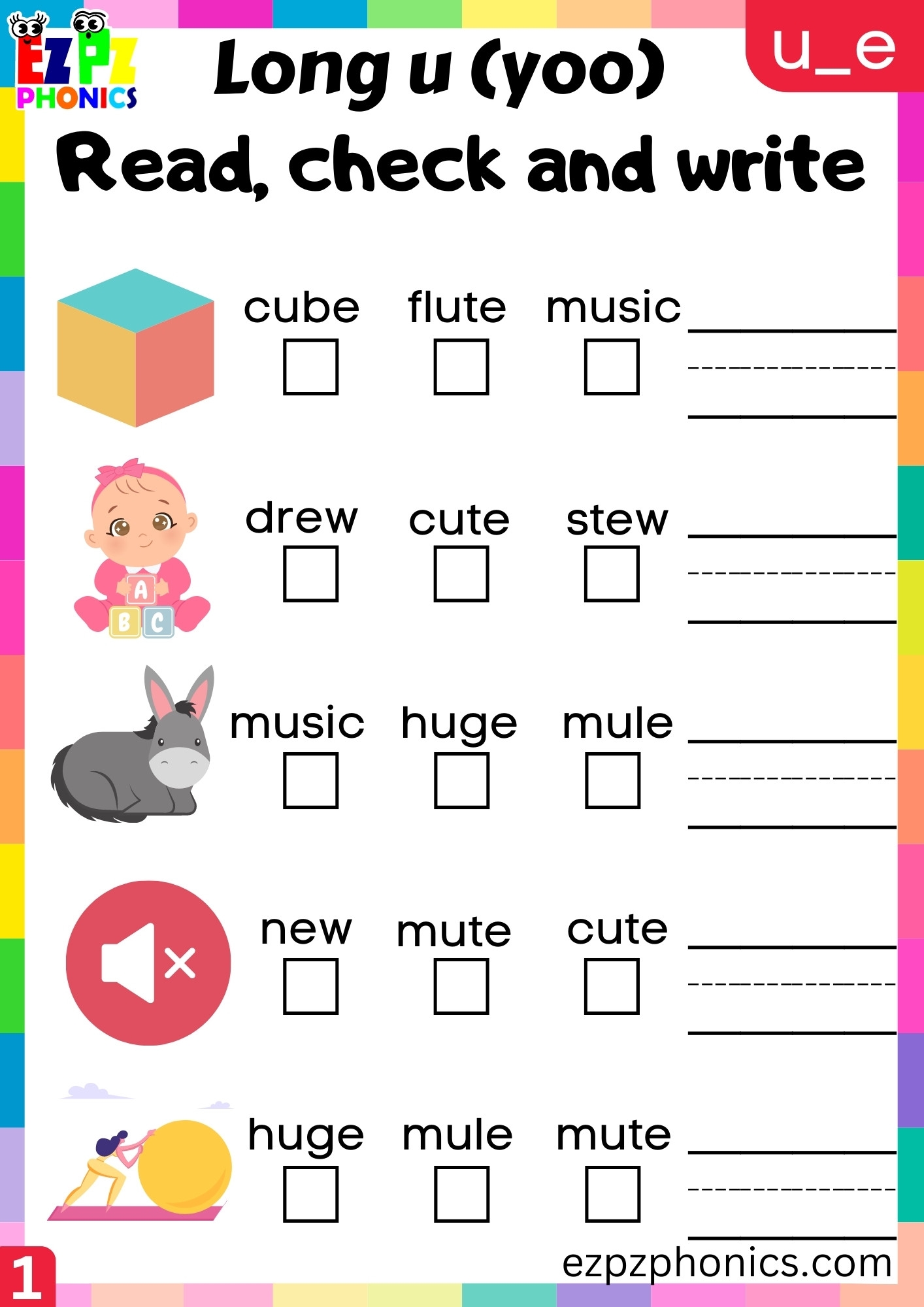 Read Check And Write For U e Words Long U yoo Sound Ezpzphonics