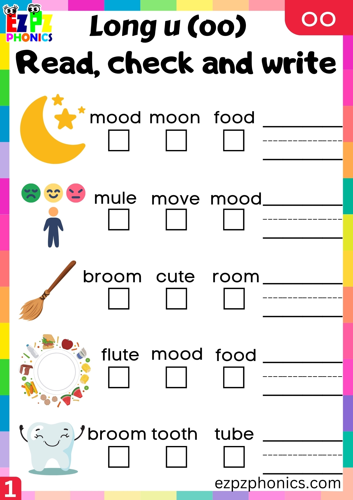 Read Check And Write The Words Activity For Oo Words Long U oo Sound Ezpzphonics
