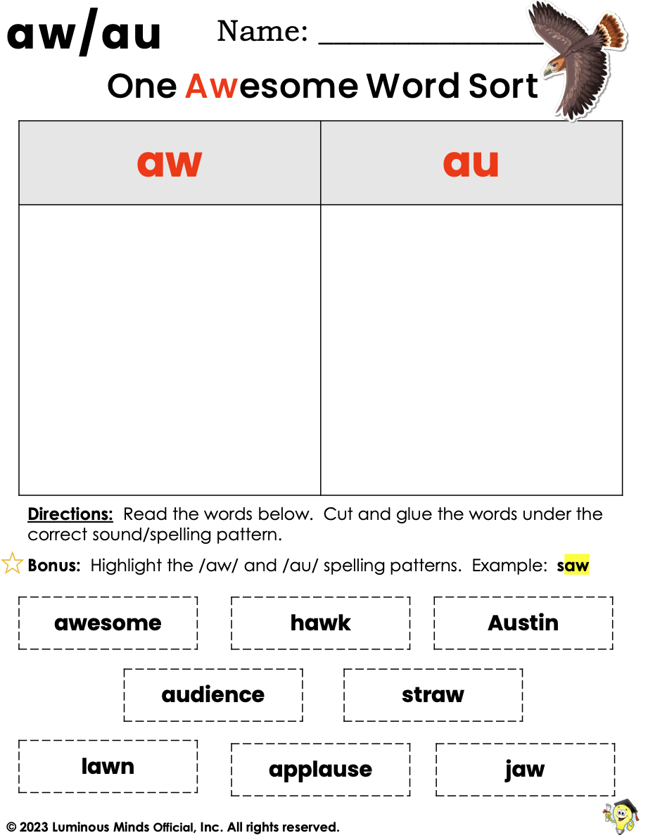 Reading Comprehension Worksheets Diphthong Phonics Activity Word Sort With AW And AU