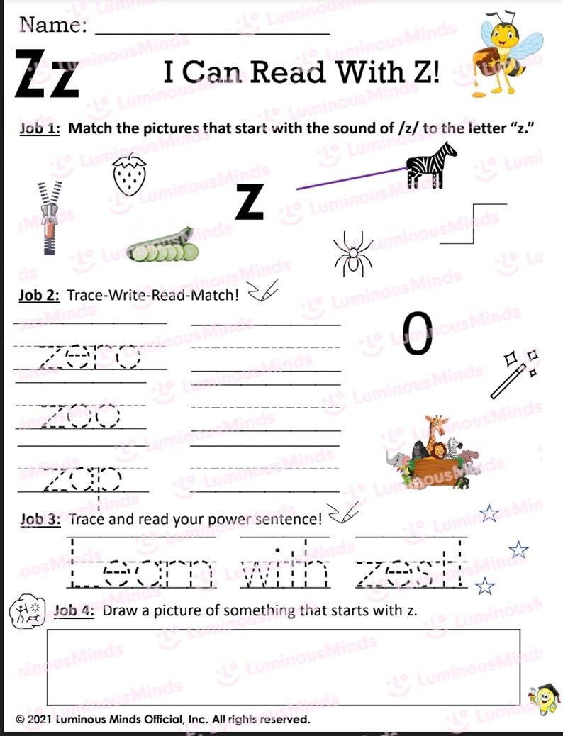letter z phonics worksheets